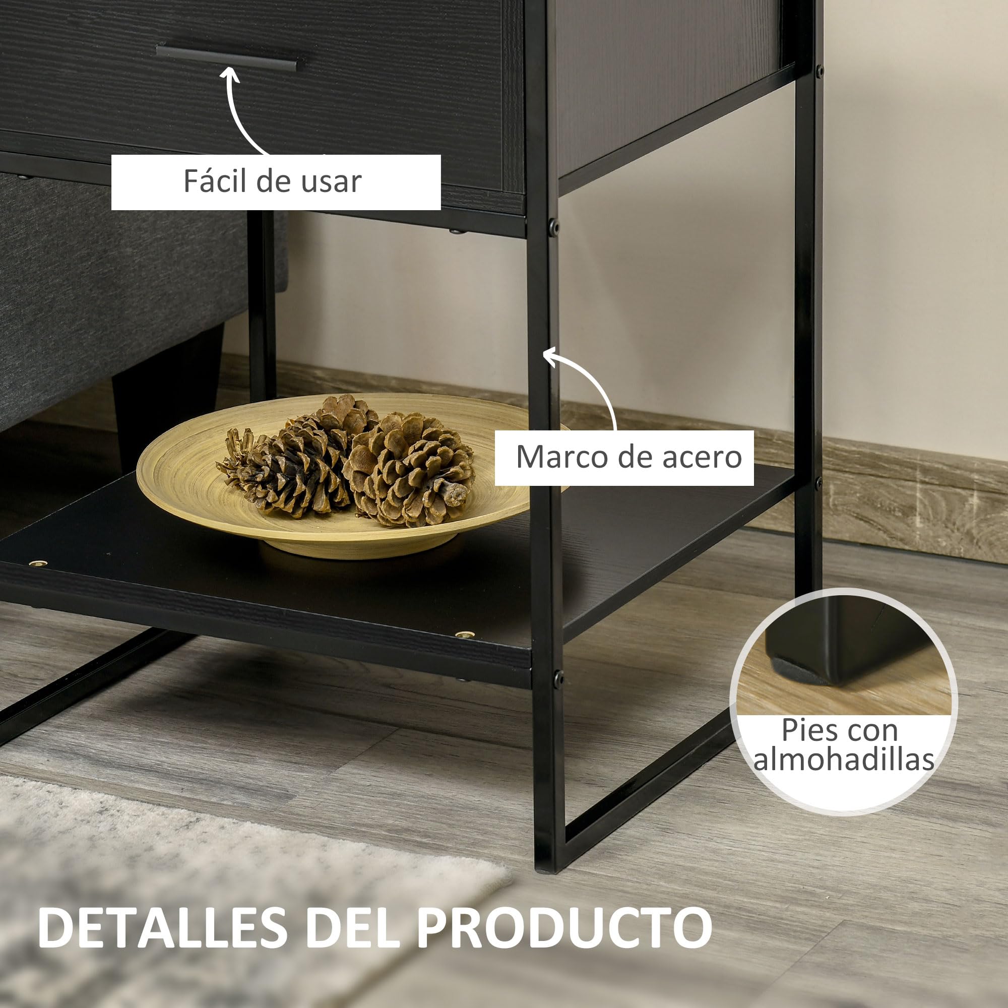 HOMCOM 2 Mesitas de Noche Mesas Auxiliares con Cajón y Estante de Abierto Estilo Moderno para Dormitorio Salón Cama Oficina 45x40x60 cm Negro