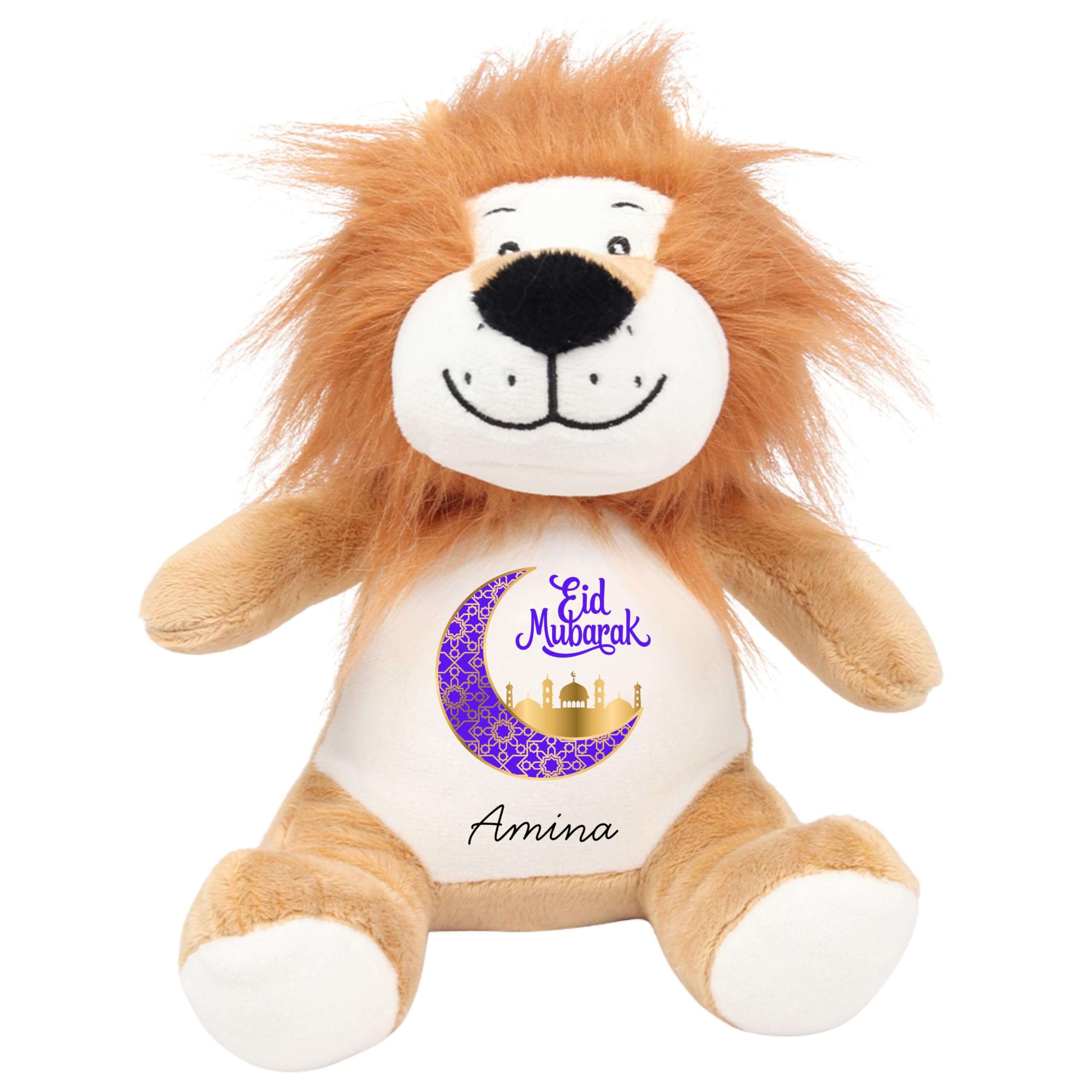 HotScamp Eid Gift Cuddly Toy - Personalised Eid Mubarak Purple Moon Customised Teddy Kids Plush Named Ramadan My First Muslim Islamic Baby Child Soft Plushie - Brown Lion