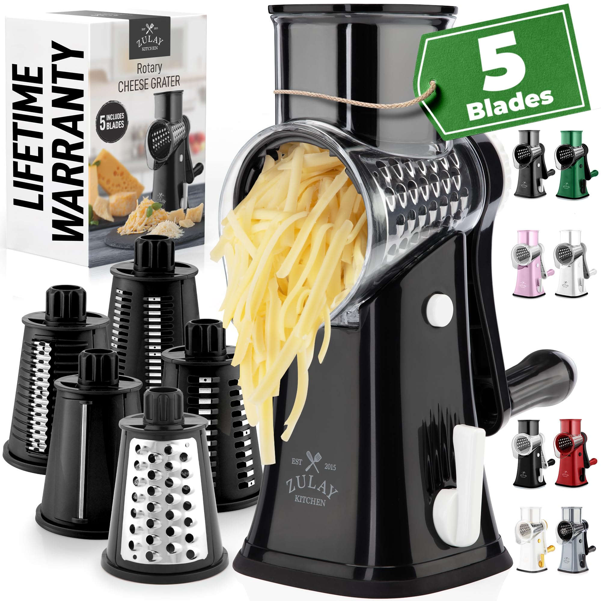 Zulay Kitchen Rotary Cheese Grater 5 Blade Cheese Shredder - Manual Hand Crank Cheese Grater With Reinforced Suction & 5 Interchangeable Drums - Easy to Use, Vegetable Chopper Round Mandoline Slicer