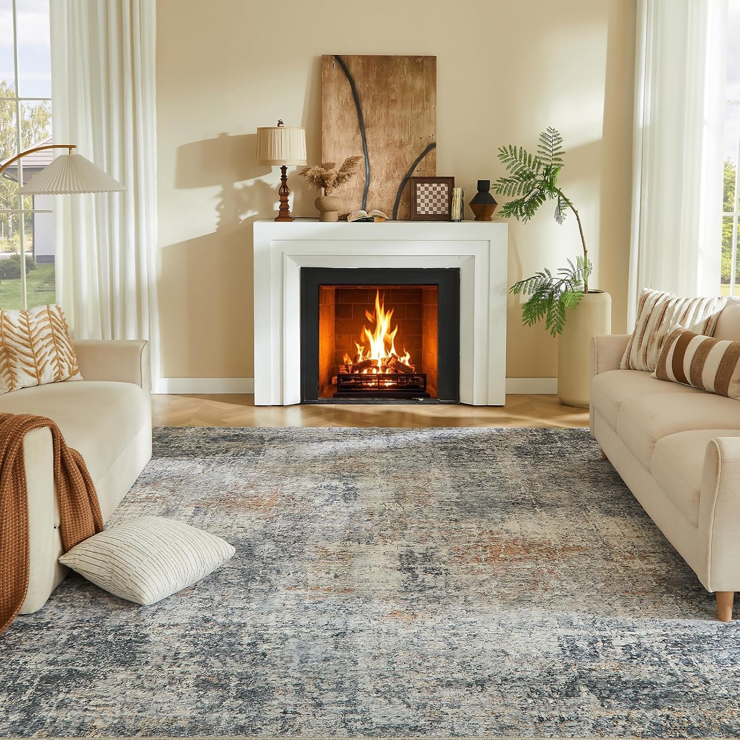 (GREEN IN COLOR) 8x10 Washable Area Rug - Modern Abstract Distressed Vintage Carpet with Non-Slip Backing, Stain Resistant & Non-Shedding for Living Room Bedroom, Dining Table, Home Office, Yellow/Grey, 8'x10' Yellow/Grey 8' x 10' (Rectangular)