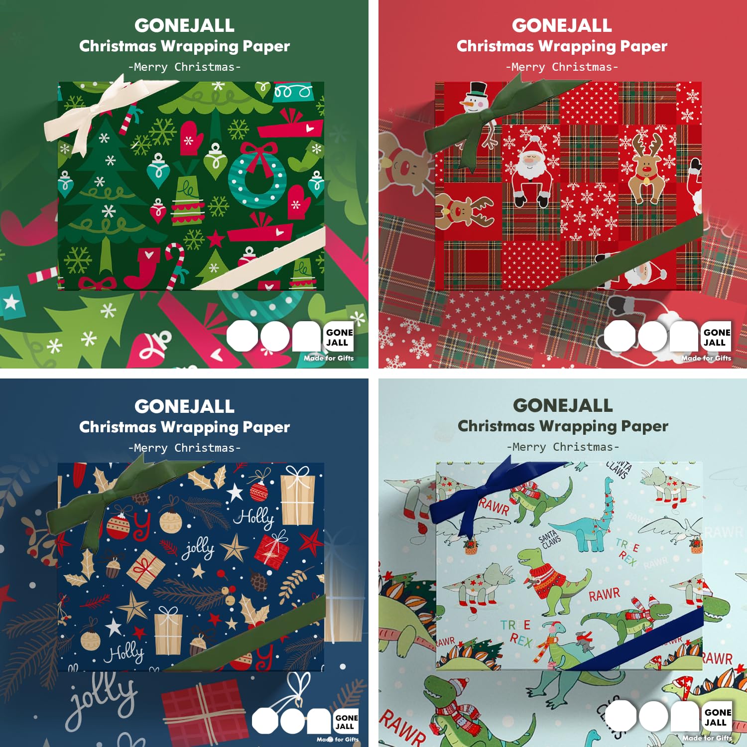 GONEJALL Carta da regalo natalizia, 4 rotoli di carta da regalo, Babbo Natale divertente, dinosauro carino, ghirlanda di Natale, albero, renne, adatta per vari regali di festa, 43,2 cm x 3 m per
