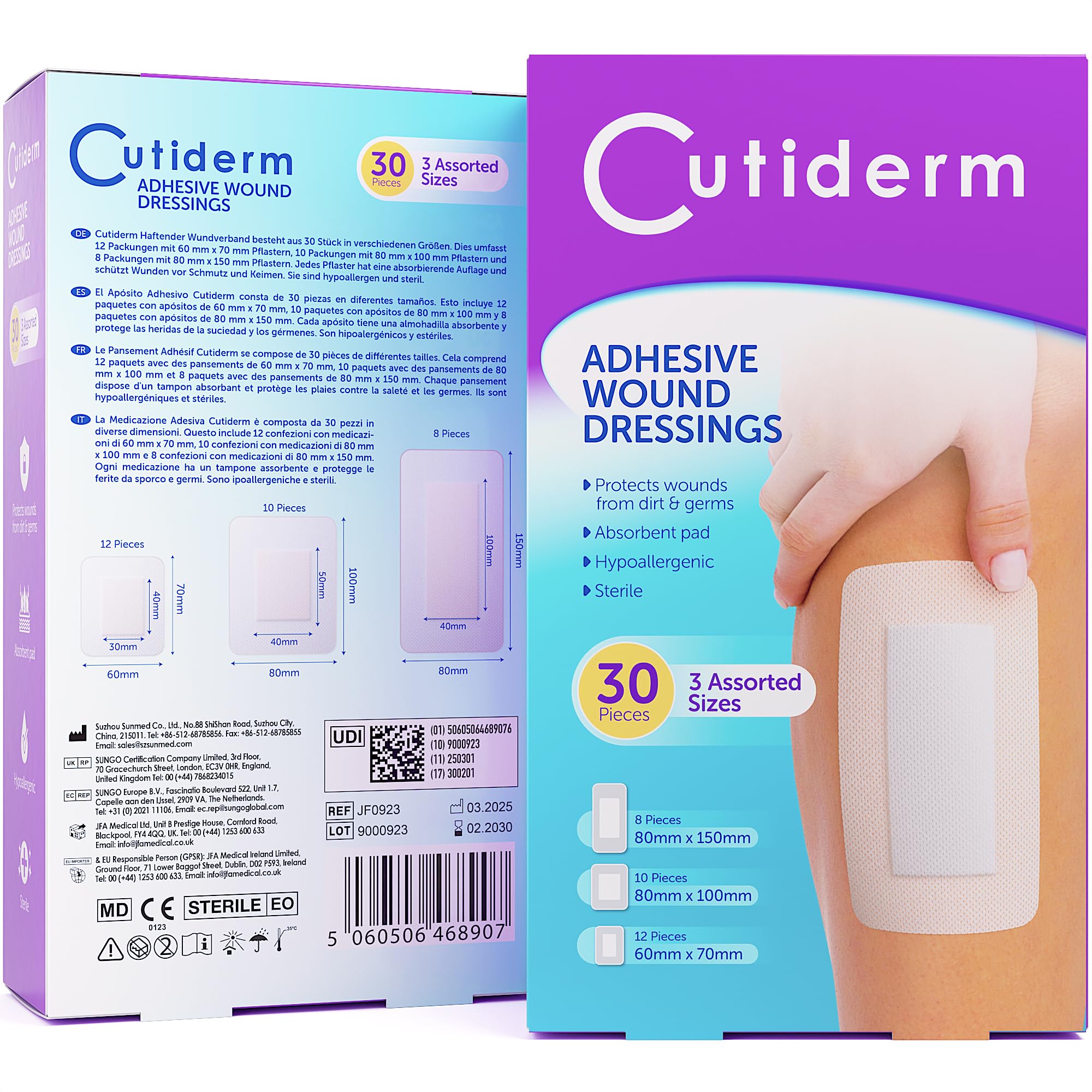 Cutiderm Assorted Adhesive Sterile Wound Dressings Pack of 30 - Suitable for cuts and grazes, Diabetic Leg ulcers, venous Leg ulcers, Small Pressure sores