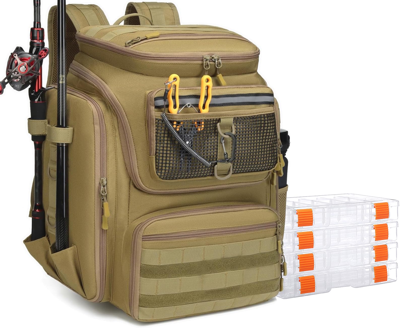 BlesMaller Angelrucksack mit 4 Boxen & Rutenhaltern 45L große Angeltasche wasserabweisend Angelausrüstung Rucksack für Angeln Wandern Camping Trekking
