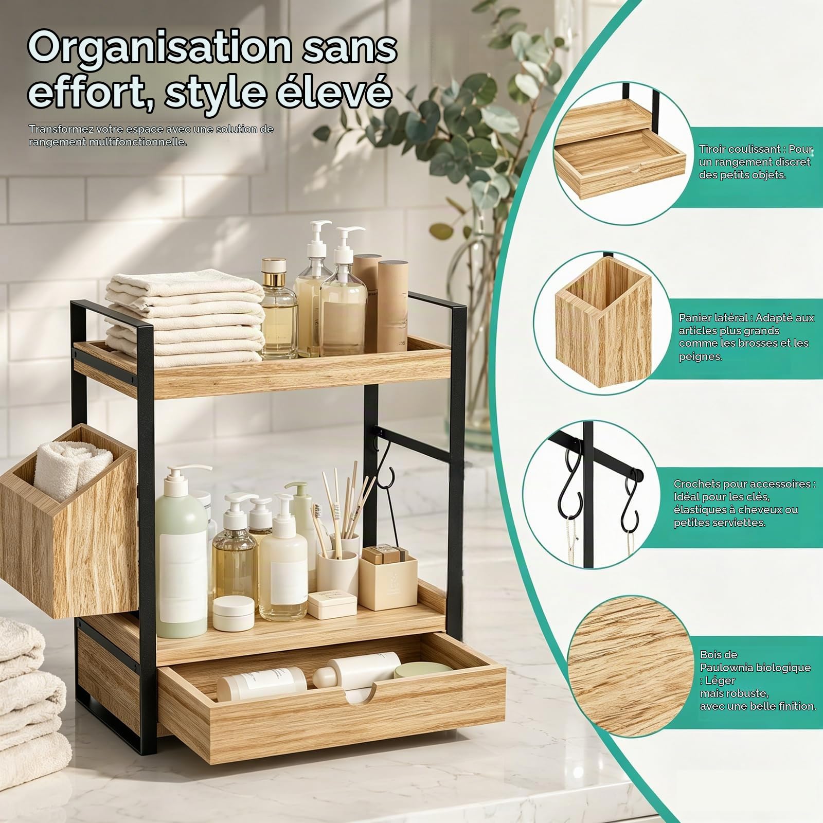 Organisateur de Salle de Bain 2 Niveaux, Étagère de Rangement en Bois et Métal avec Panier Latéral, Support Multifonction pour Cuisine, Bureau, Chambre, Range-Cosmétiques, Épices, Café, Thé