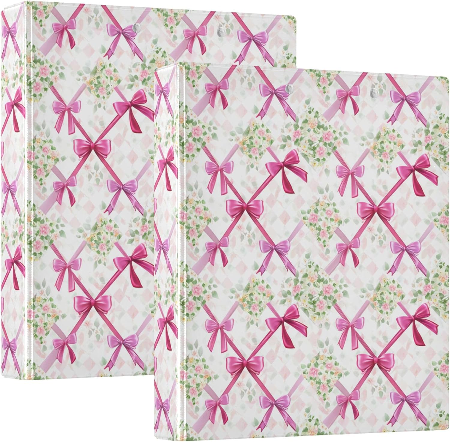 Pink Bow and Flowers 3 Ring Binders, 1.5” Round Ring Binders with Clipboard - Letter Size, 3 Interior PVC Clear Pockets & Anti-Slip Clip for Office School Supplies, 2PCS