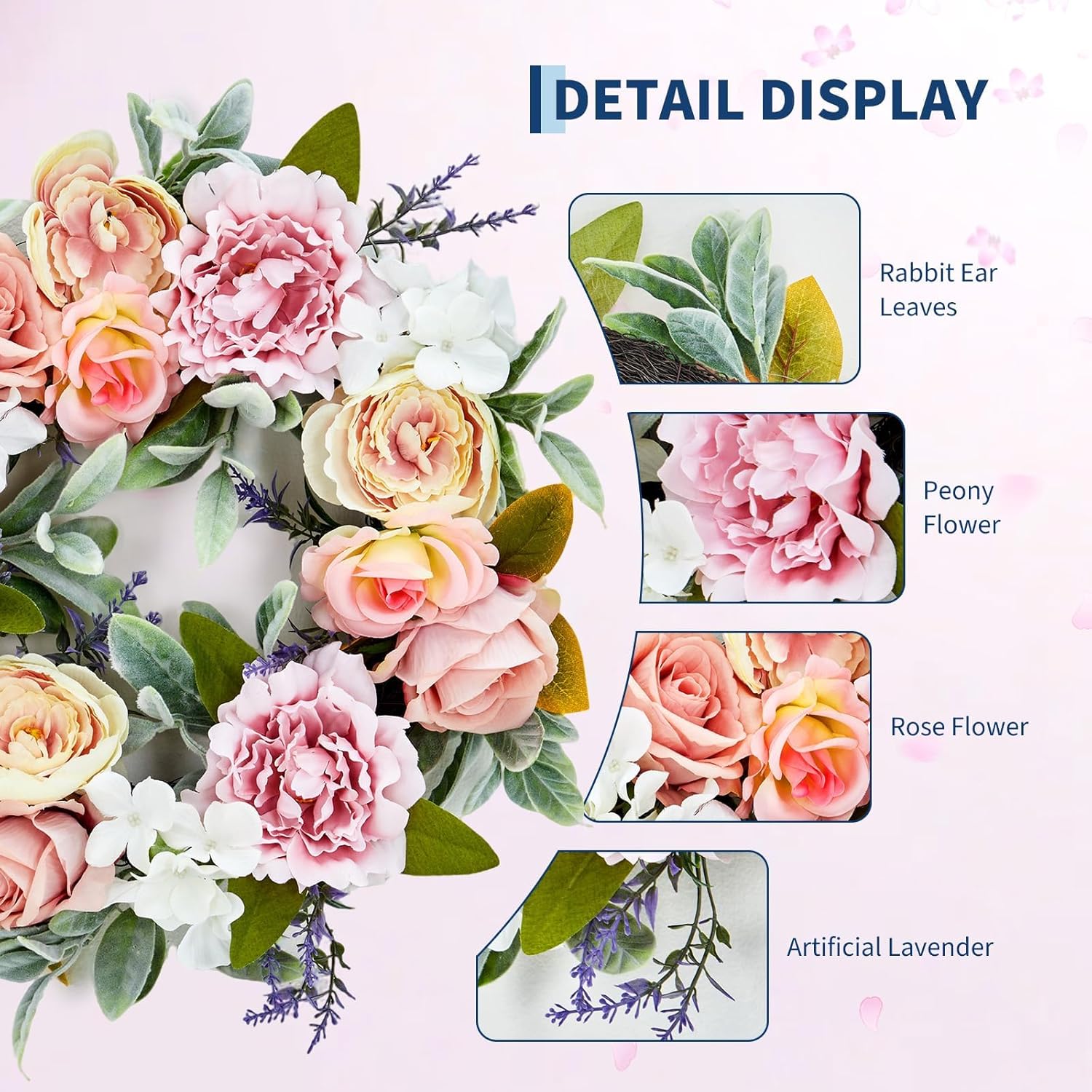 Garvee 20" Spring Wreath for Front Door, Artificial Pink Peony & Lavender Floral Wreath with Roses, Hydrangeas, and Rabbit Ear Leaves for Door, Wall, Wedding, and Farmhouse Home Decor