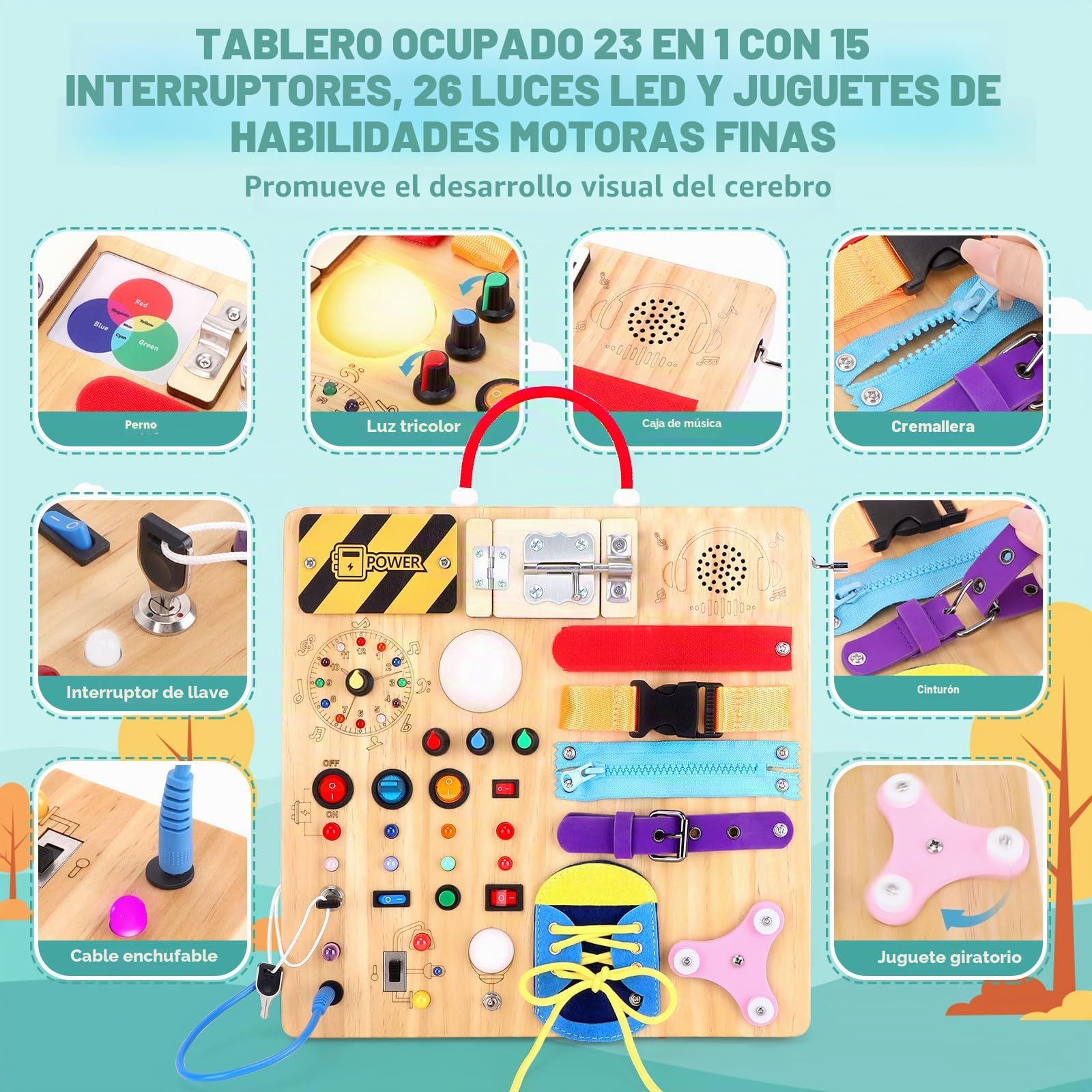 Montessori Busy Board 23 en 1 para niños pequeños a partir de 1 año, juguete de madera con 15 interruptores, 26 luces LED, caja de música, cremallera y castillo, juguete sensorial para niños de 1 a 3