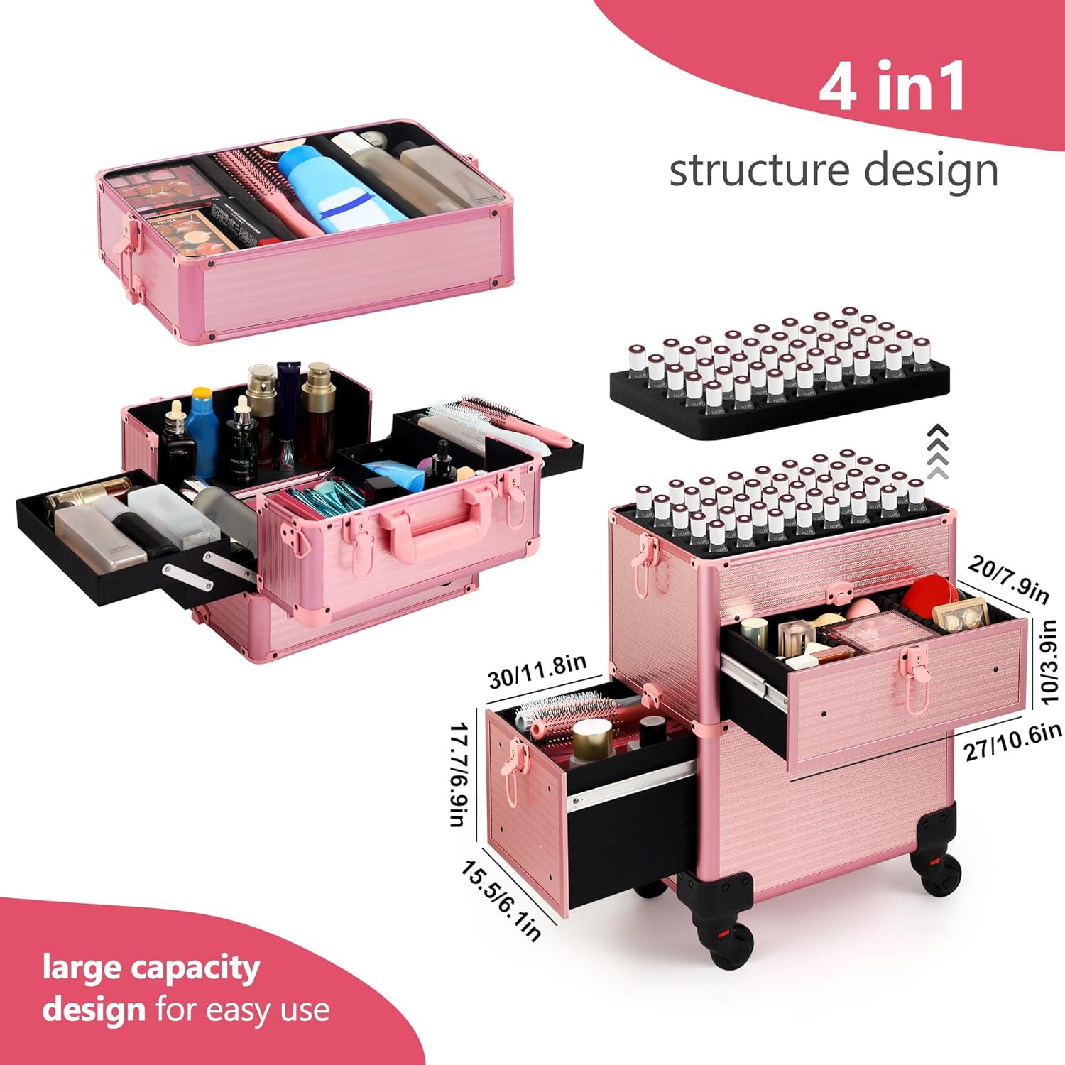 Rolling Makeup Case with Drawer, Makeup Train Case, 4 in 1Cosmetology Case on Wheels, Christmas Gift, Large Makeup Case Organizers, Profesional Cosmetic Case for Salon Barber, Light pink - Image 4