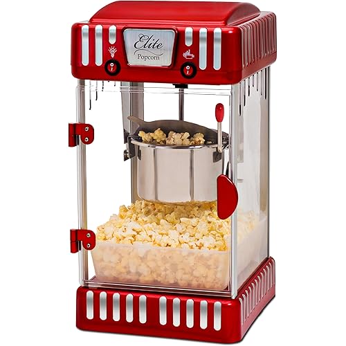 Elite Gourmet EPM-250 Maxi-Matic 2.5 Ounce Classic Carnival, Tabletop Kettle Popcorn Popper Machine, Retro-Style, Movie Hot Buttered Popcorn, Red