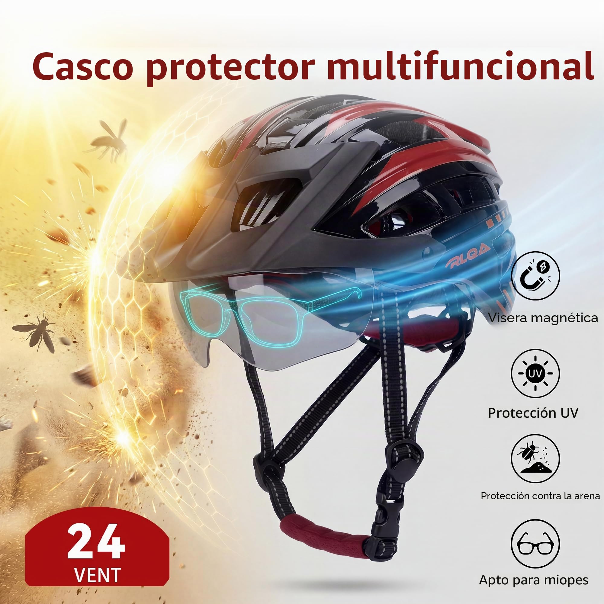 RLQA Casco Bicicleta Adulto – Casco MTB y Bici con Visera Magnética Desmontable y Gafas, 24 Orificios de Ventilación, Luz Trasera LED y Talla Ajustable