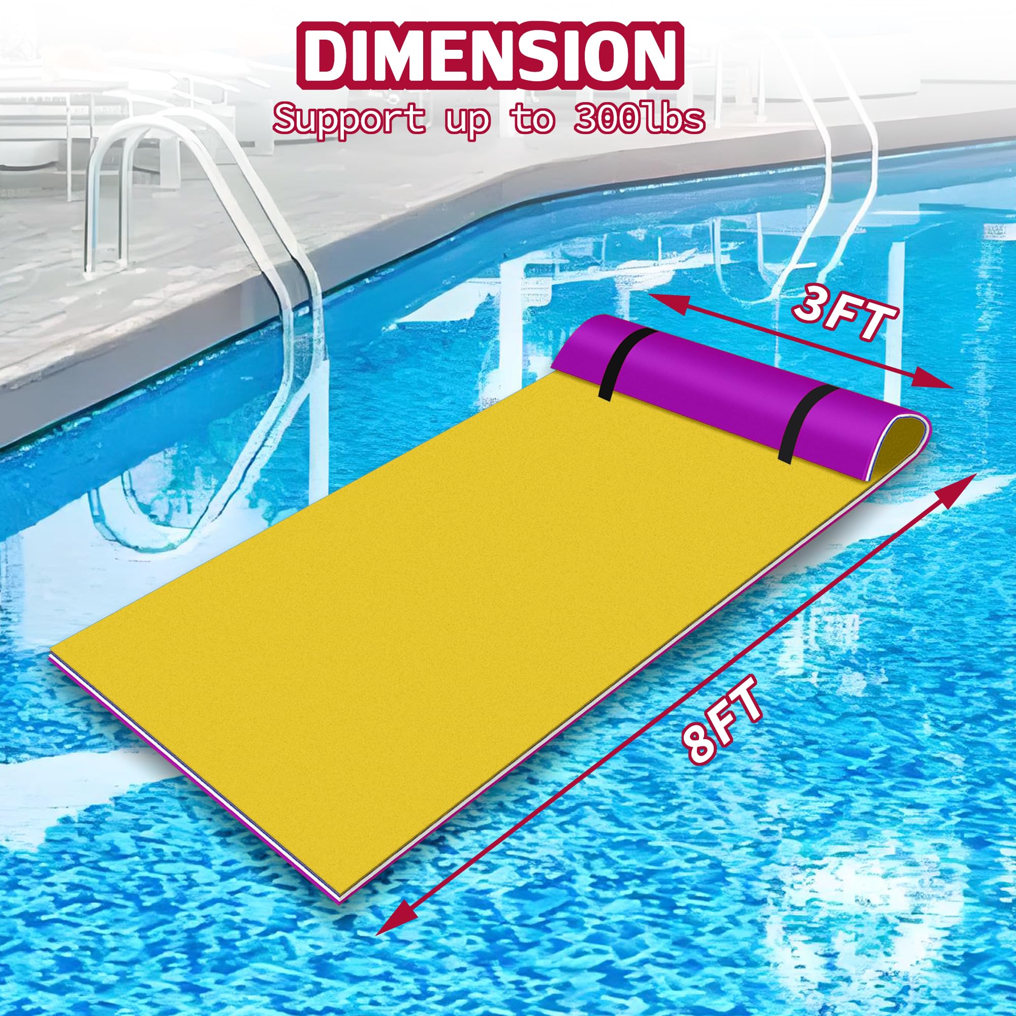 8x3 FT Floating Mat, Lily Pad Floating Water Mat 3 Layers XPE Foam, Foam Pad with Rolled Pillow for Water Activities and Relaxing on Pool, Beach, Ocean, Lake (Purple&Yellow)