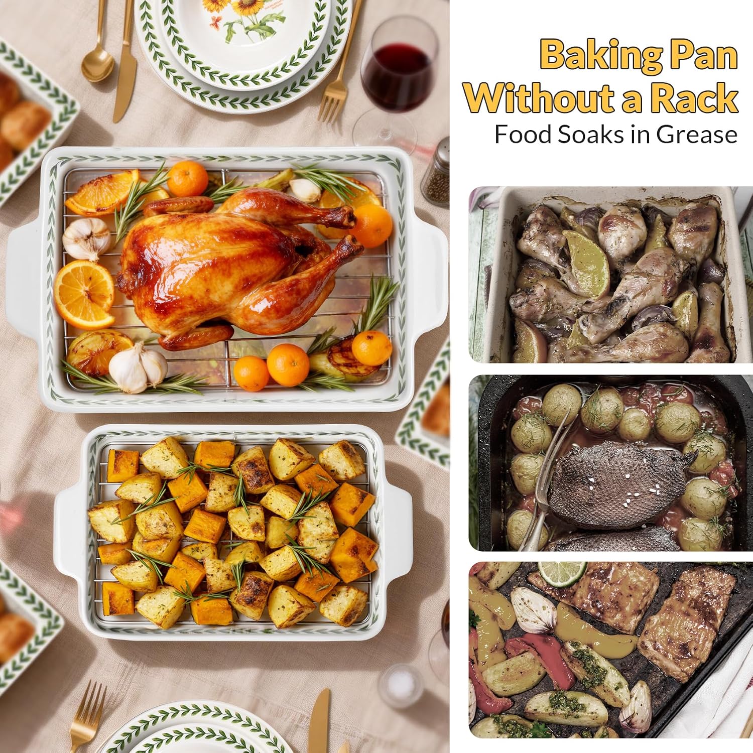 ACMLIFE Ceramic Casserole Dish for Oven, Ceramic Baking Dish Set with Roasting Racks, Floral Baking Dishes for Oven Lasagna Pan, Large Baking Dish with Handles, Durable and Oven Safe Pan, Gift Packaging 4 Pcs Set(13"x8"+10.3"x6.3") (Sunflowers Roasting Rack)