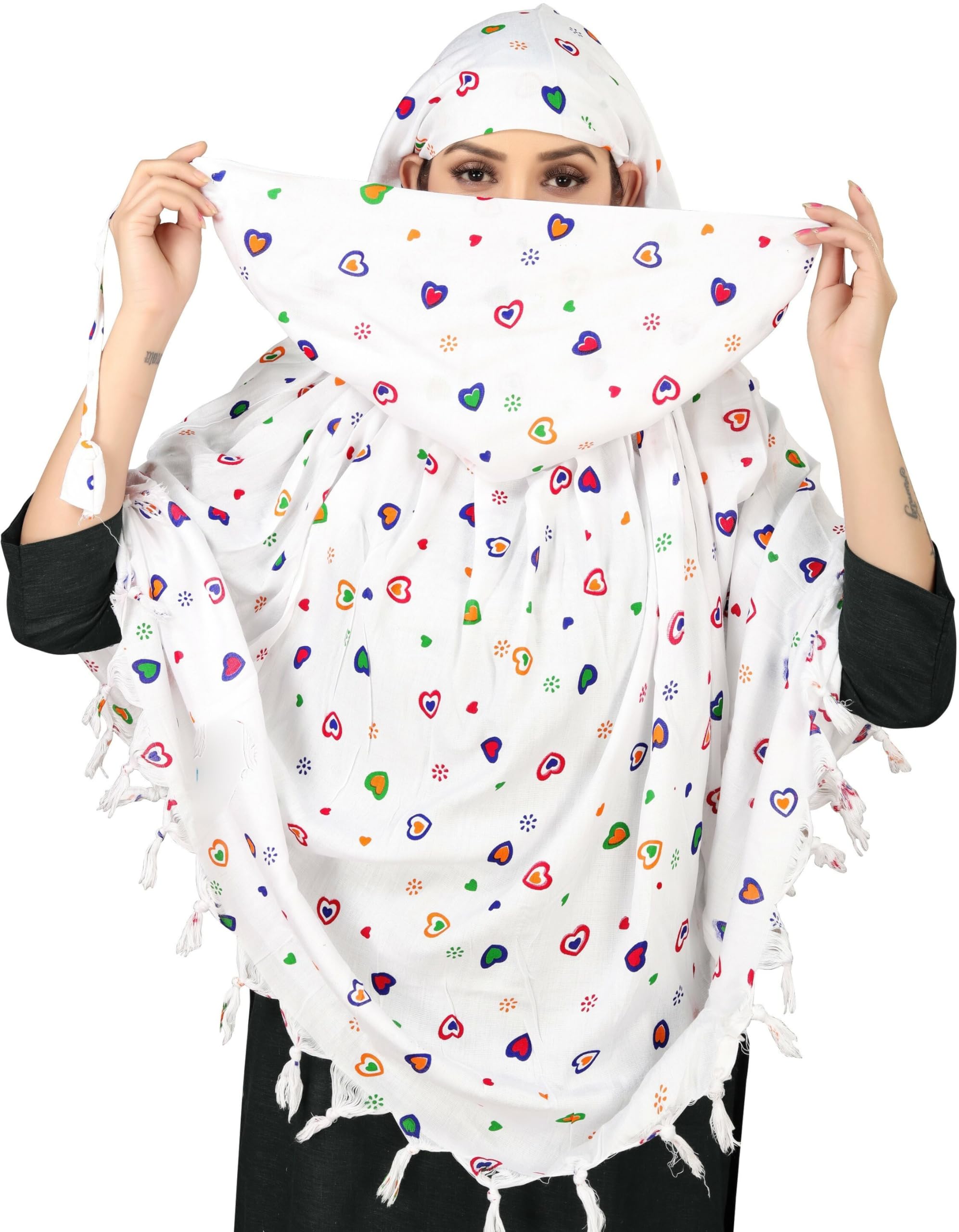 sclout Cotton Breathable Sun Protection Scarf Dupatta Usable for vehicle Driver | White Printed Design | Universal Size | For Girl & Women | Light Weight-picture-23