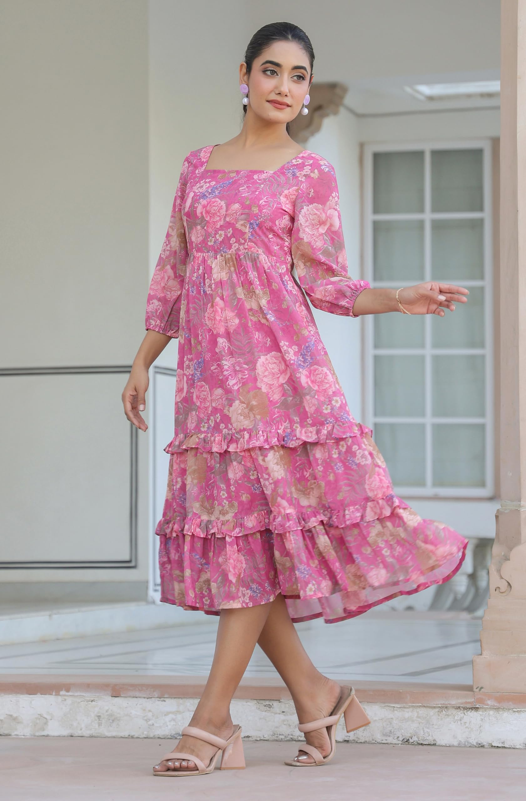 Janasya Robe à volants en georgette à motif floral lavande Dobby pour femme