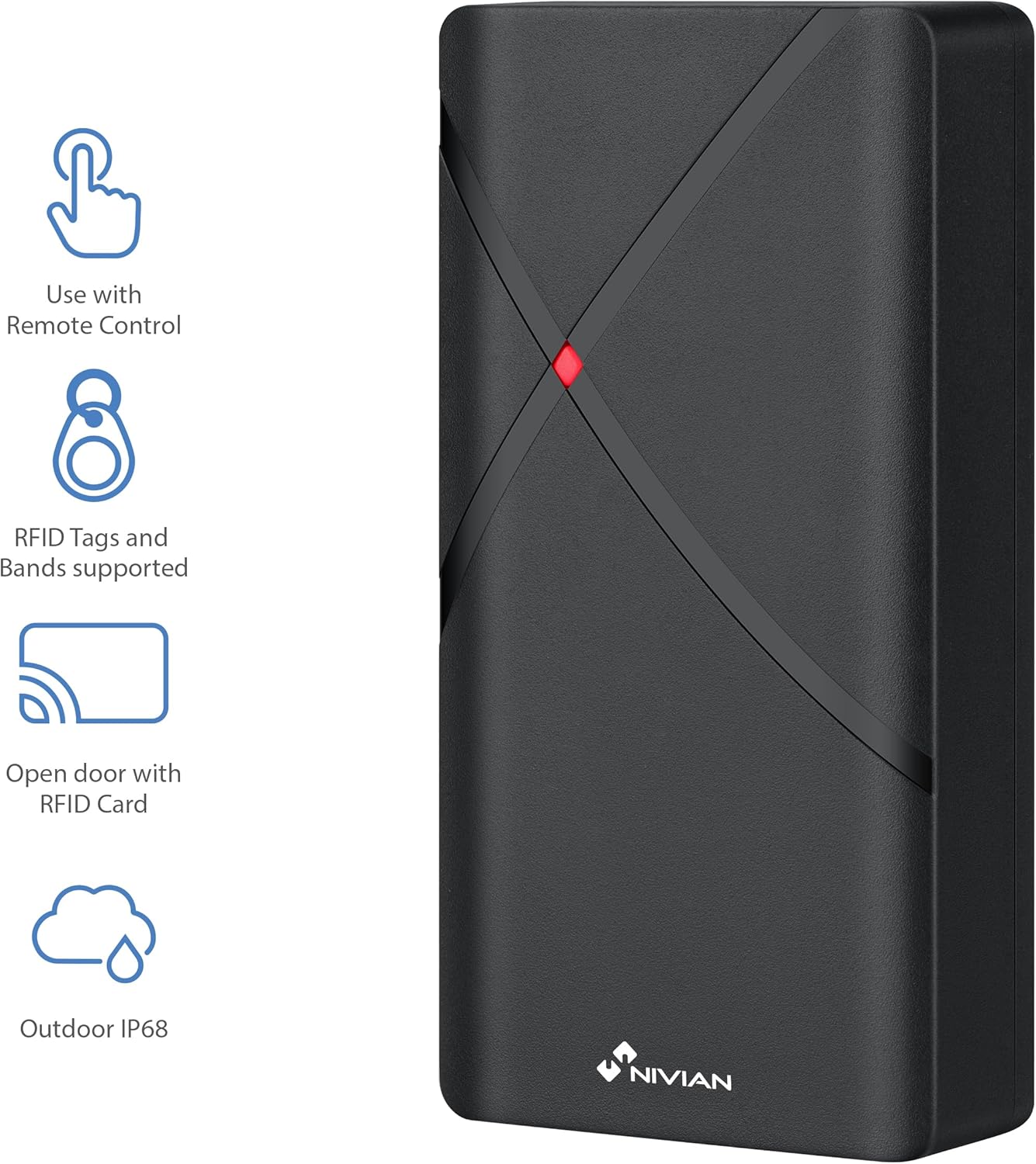 A hand presenting an RFID card to the NIVIAN NV-ACCESS-RFID unit for door access