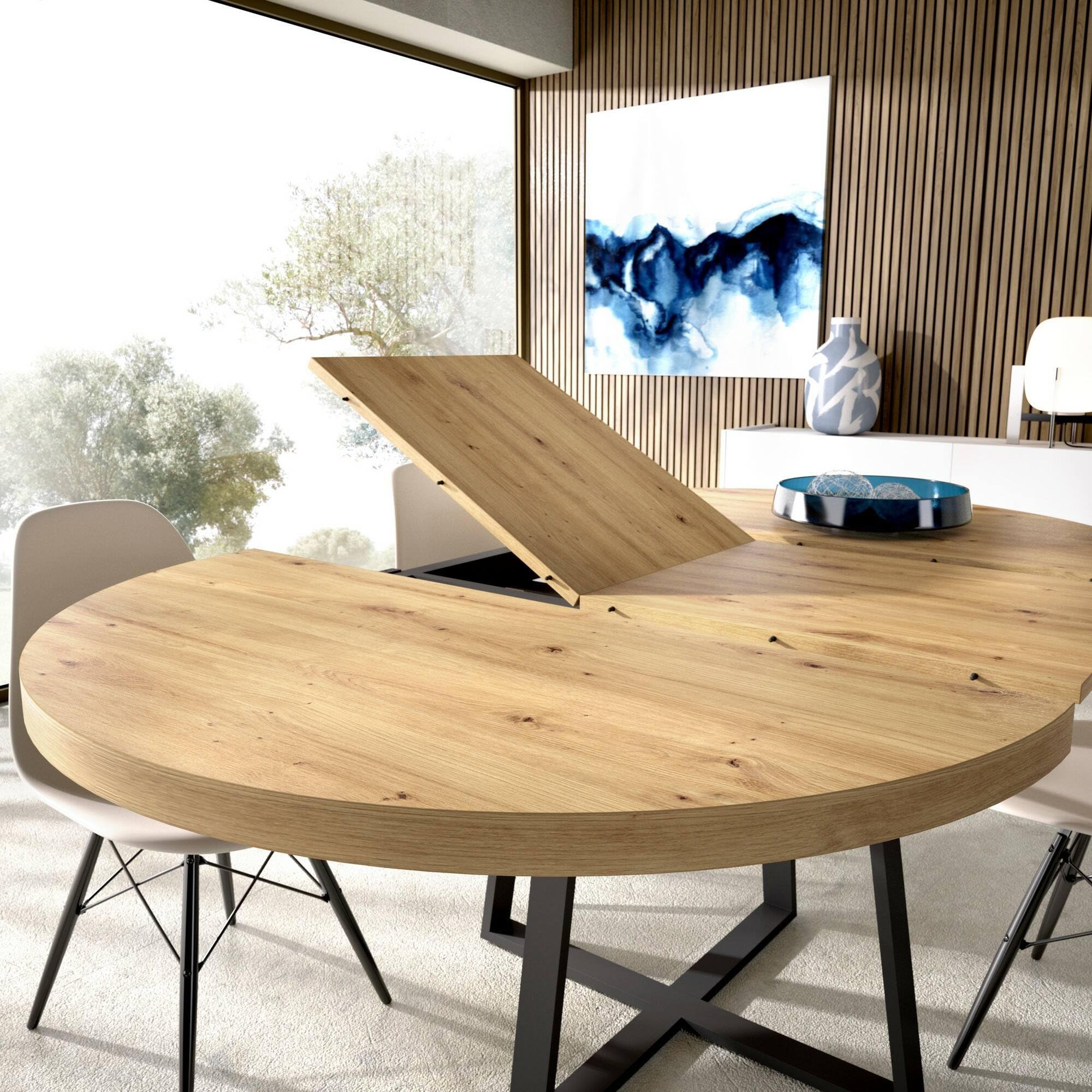 Dmora -Tavolo allungabile Casarola, Consolle estensibile rotondo, Tavolo da pranzo multiuso ovale, 110/158x110h77 cm, Rovere Nodi