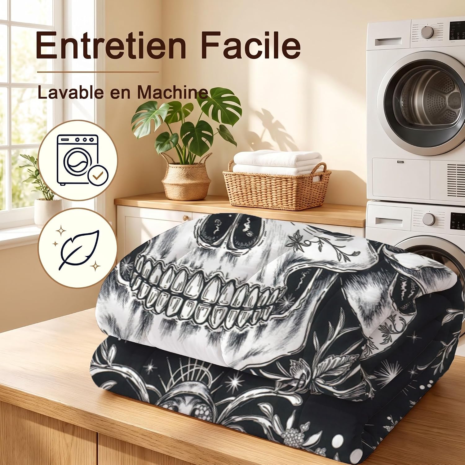 Gothic Style Quilt Queen Size Black and White Quilt Bedding Set | 3 Pieces Soft Lightweight Microfiber Star and Moon Skull Bedspread Coverlet Set for All Season, 90"X90"