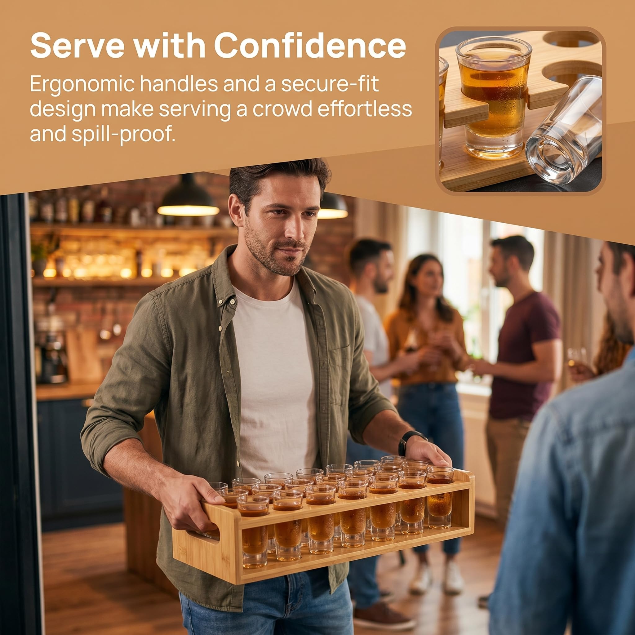 Lot de 24 verres à liqueur avec support en bois pour 24 verres à shot (15-20 ml, planche à liqueur pour bar, fête, club, whisky, brandy, plateau de service, bambou)