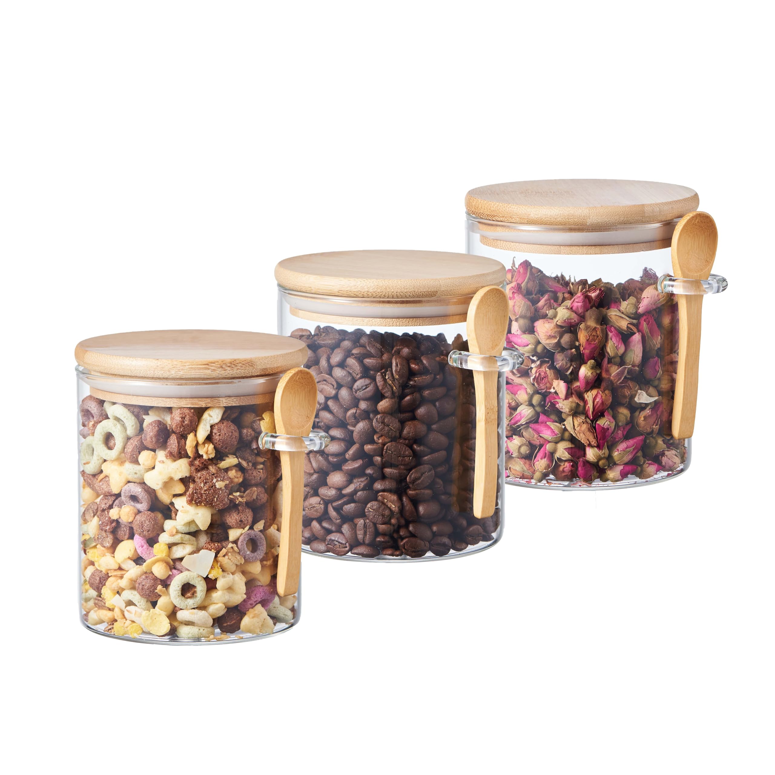 ORNAMI Airtight Glass Pantry Storage Canister Jar with Bamboo Lid & Spoon | BPA-Free, Clear Kitchen Organisation Jar - Set of 3 (0.8L, Round)
