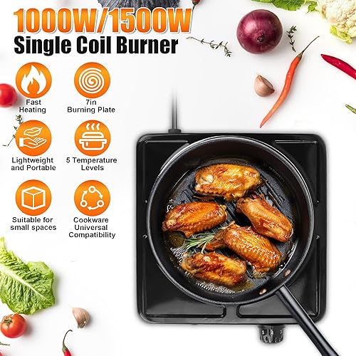 Miniatura 3 de Placa calefactora, quemador de hierro fundido individual de 1500 W con 5 niveles ajustables de temperatura y control de perilla, placa de cocina