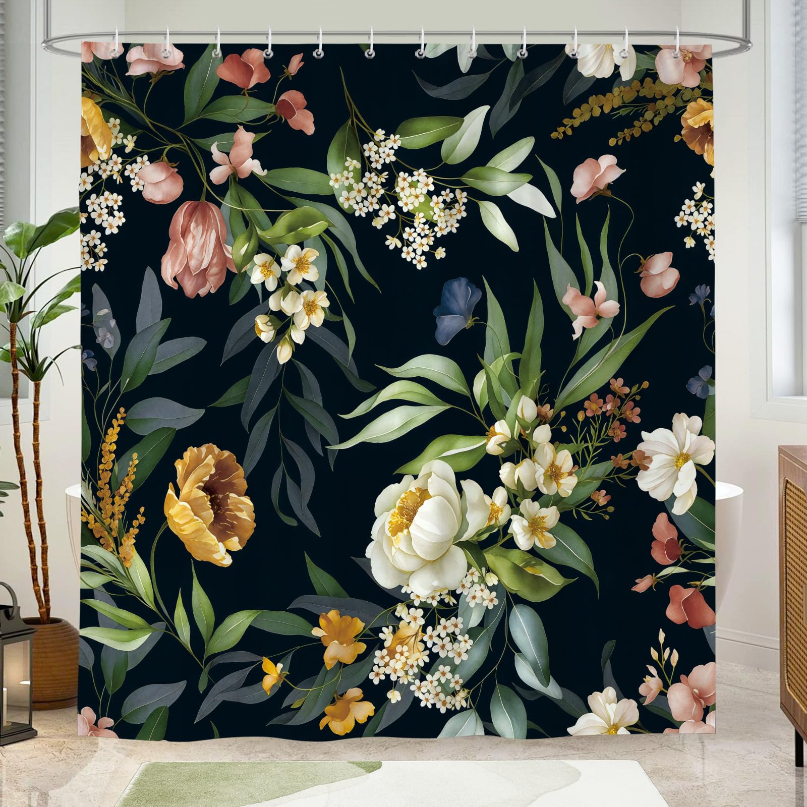 Hopomoon Cortina de Ducha Diseño Floral Negro Cortina de Baño de Poliéster Impermeable Antimoho Lavable Cortina Ducha 180 x 180 cm con 12 Ganchos