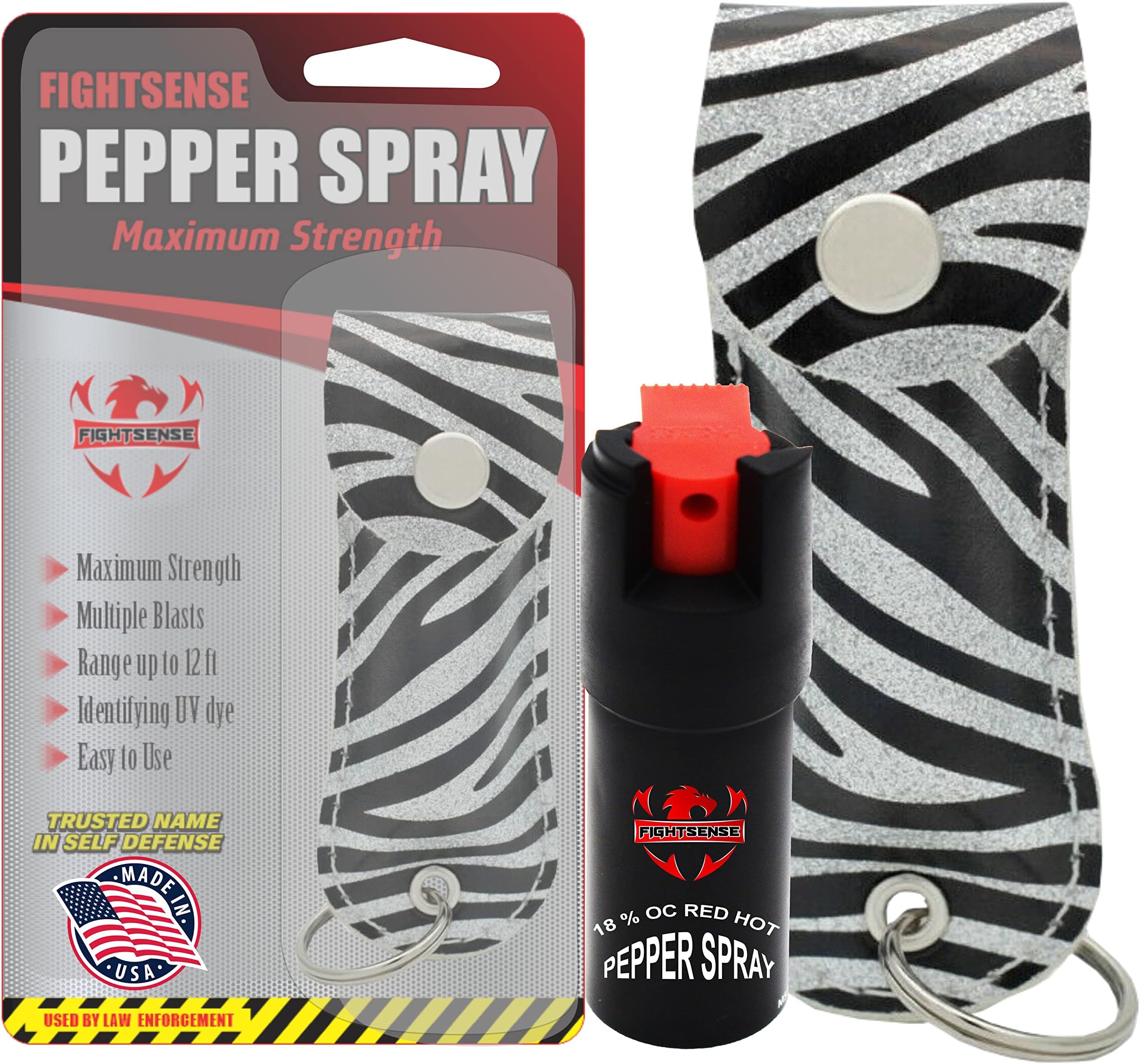 FIGHTSENSE Self Defense Pepper Spray - 1/2 oz Compact Size Maximum Strength Police Grade Formula Best Self Defense Tool for Women W/Leather Pouch Keychain
