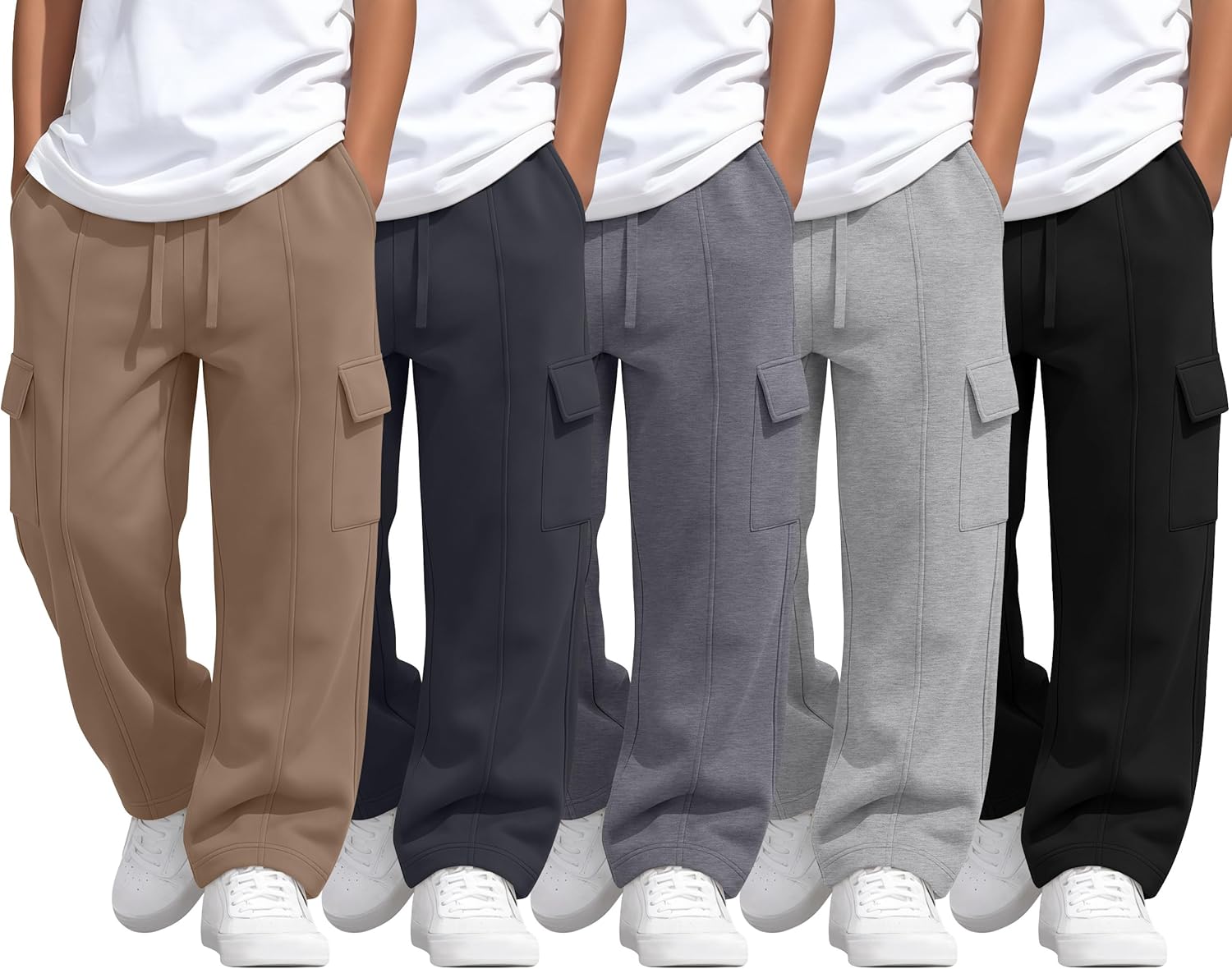 Oakgarden 5 Pack Boys' Cargo Sweatpants Straight Leg Joggers Open Bottom Baggy Pants with Multi Pockets for Years 6-16