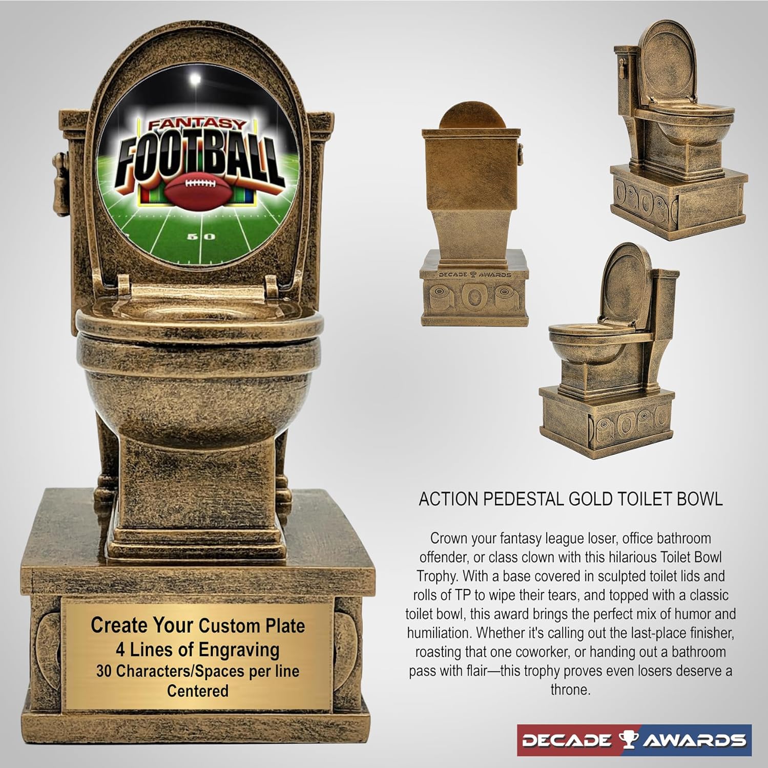 Action Pedestal Gold Toilet Bowl Trophy - Custom Engraved Last Place Award with Optional Lid Inserts - Customize Now (7 Inch)