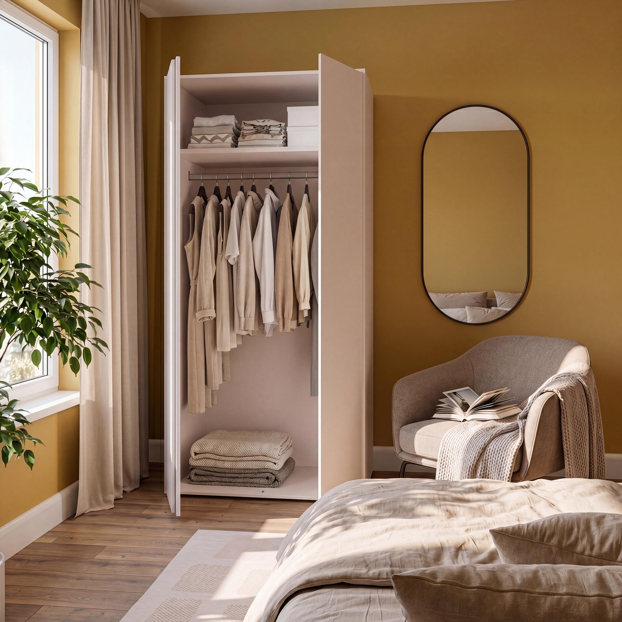 Forte LISSON Kleiderschrank 80 90, modern-minimalistischer Schrank, 2 Drehtüren, Einlegeboden und Kleiderstange, Holzwerkstoff, Kaschmir Beige, 86,2 cm breit x 193,7 cm hoch x 60,2 cm tief