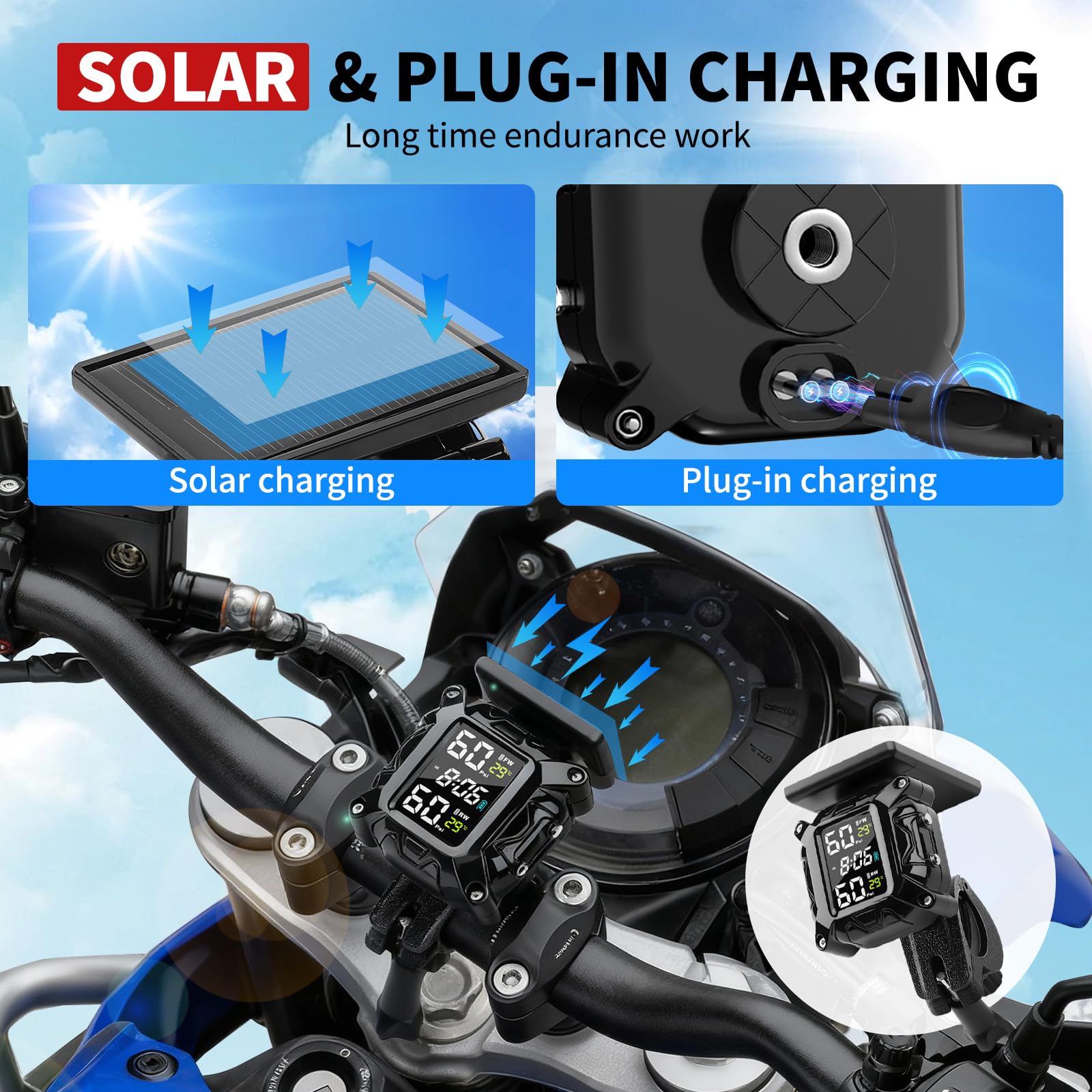 Sistema de monitoreo de presión de neumáticos TPMS para motocicleta, sensor de presión de neumáticos inalámbrico, 5 modos de alarma, carga magnética USB/solar, diseño impermeable IP67, con 2