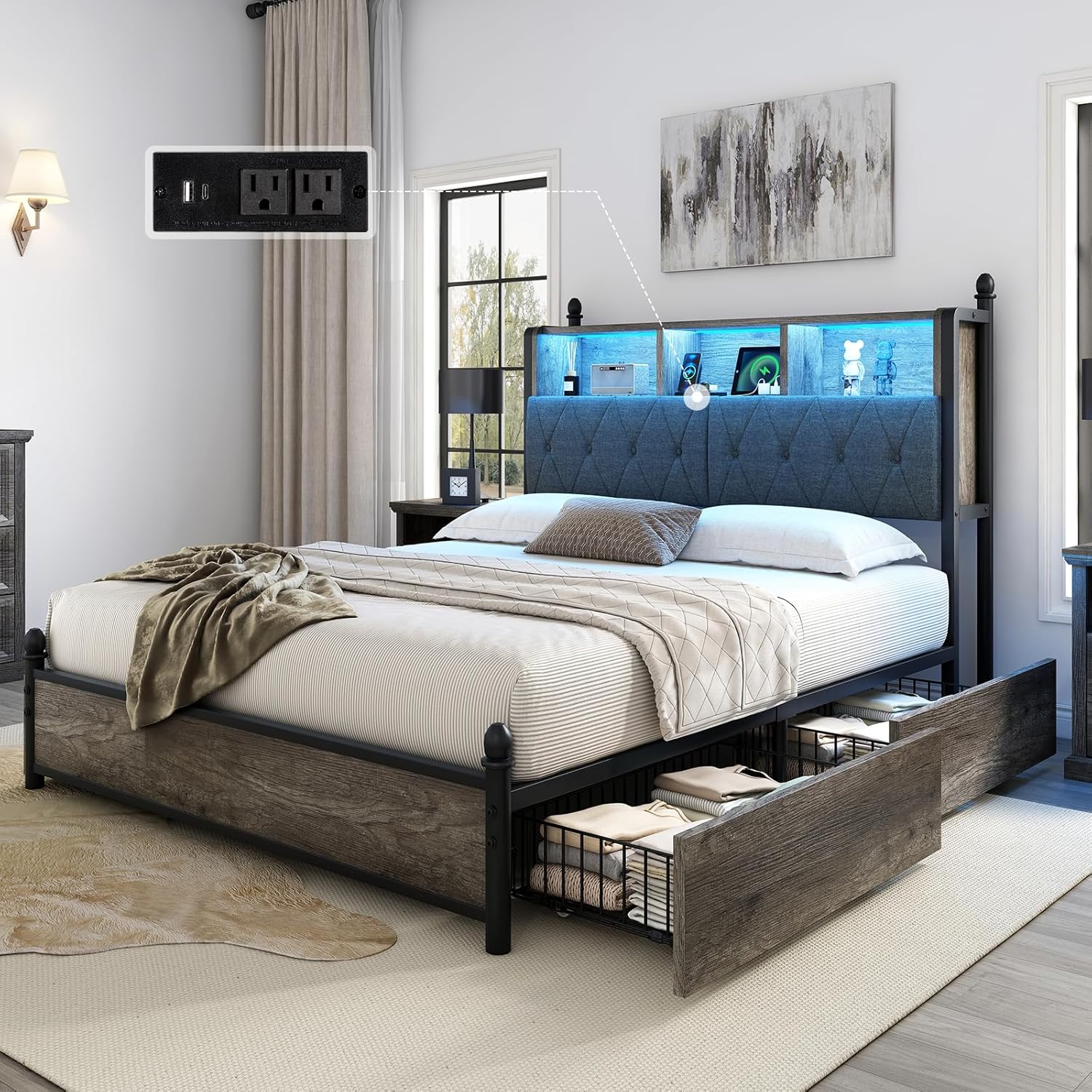 AMERLIFE Full Size Bed Frame with Bookcase Headboard and 4