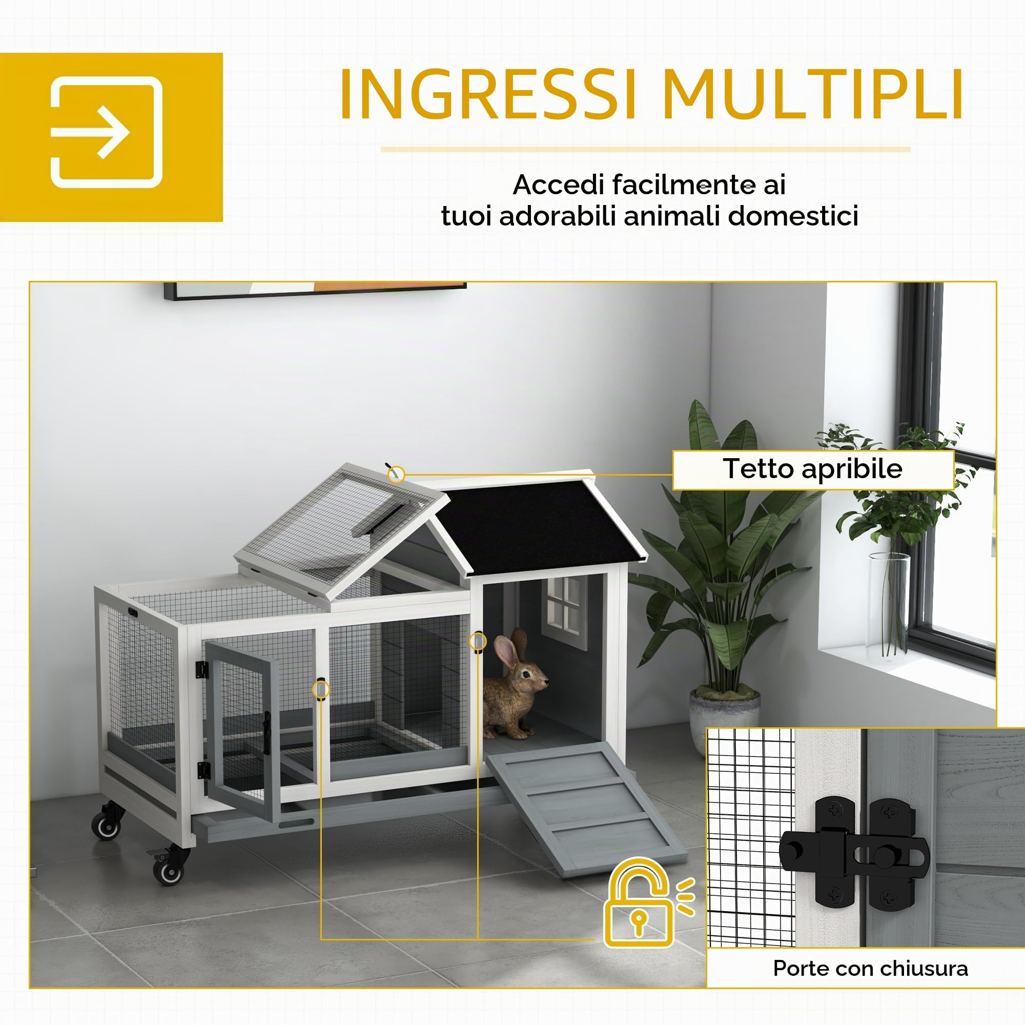 PawHut Gabbia legno conigli e cavie 108x58x73,5cm grigio