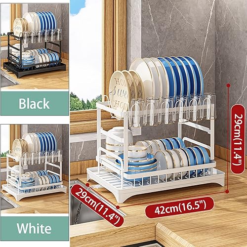 Miniatura 3 de TPARIS Escurridor de platos de 2 niveles, bandeja de drenaje automático con boquilla giratoria expandible, colador de platos para encimera de