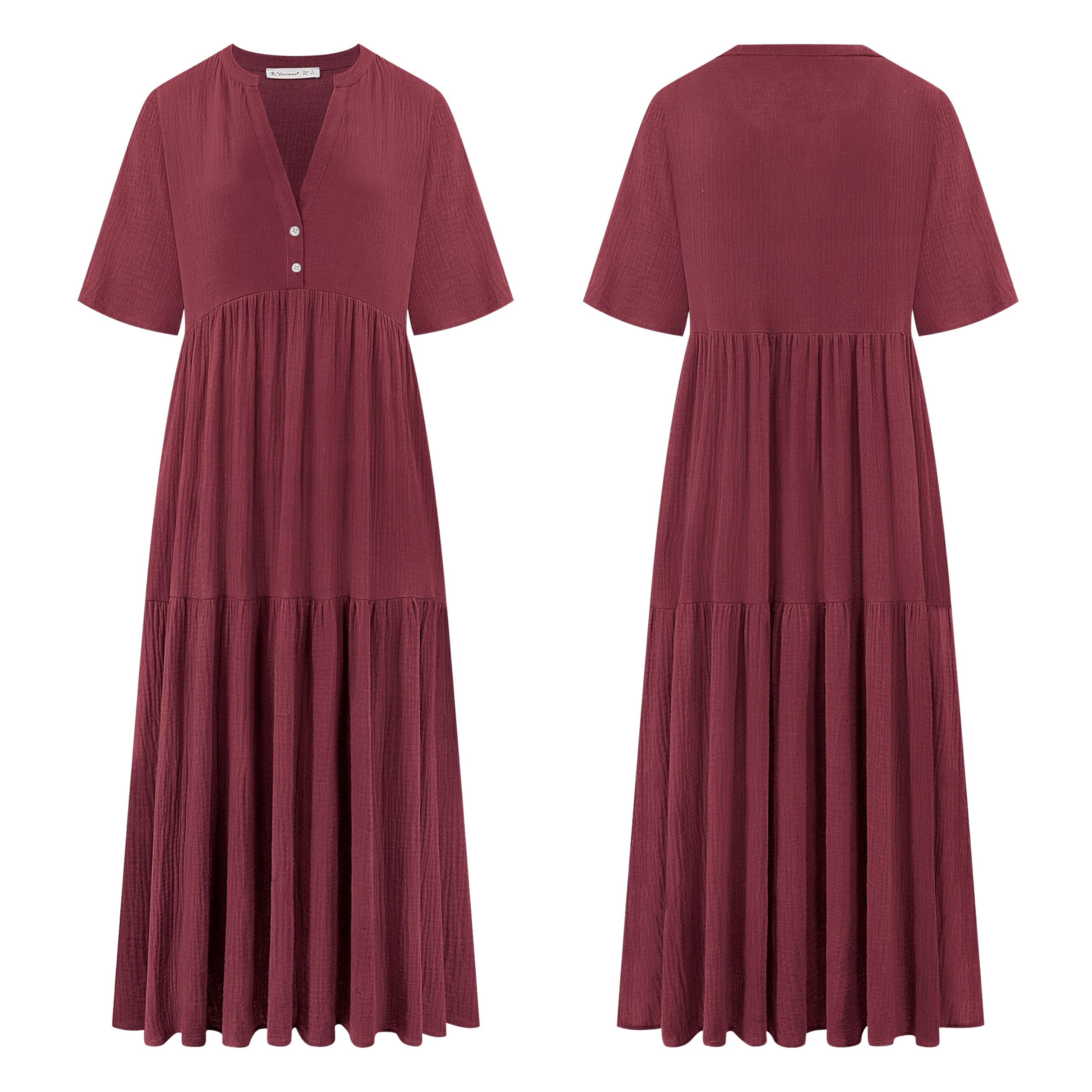 R.Vivimos Femmes été V Col Chemise Manches Courtes Robe Robe De Plage Longue Robe Maxi Décontractée