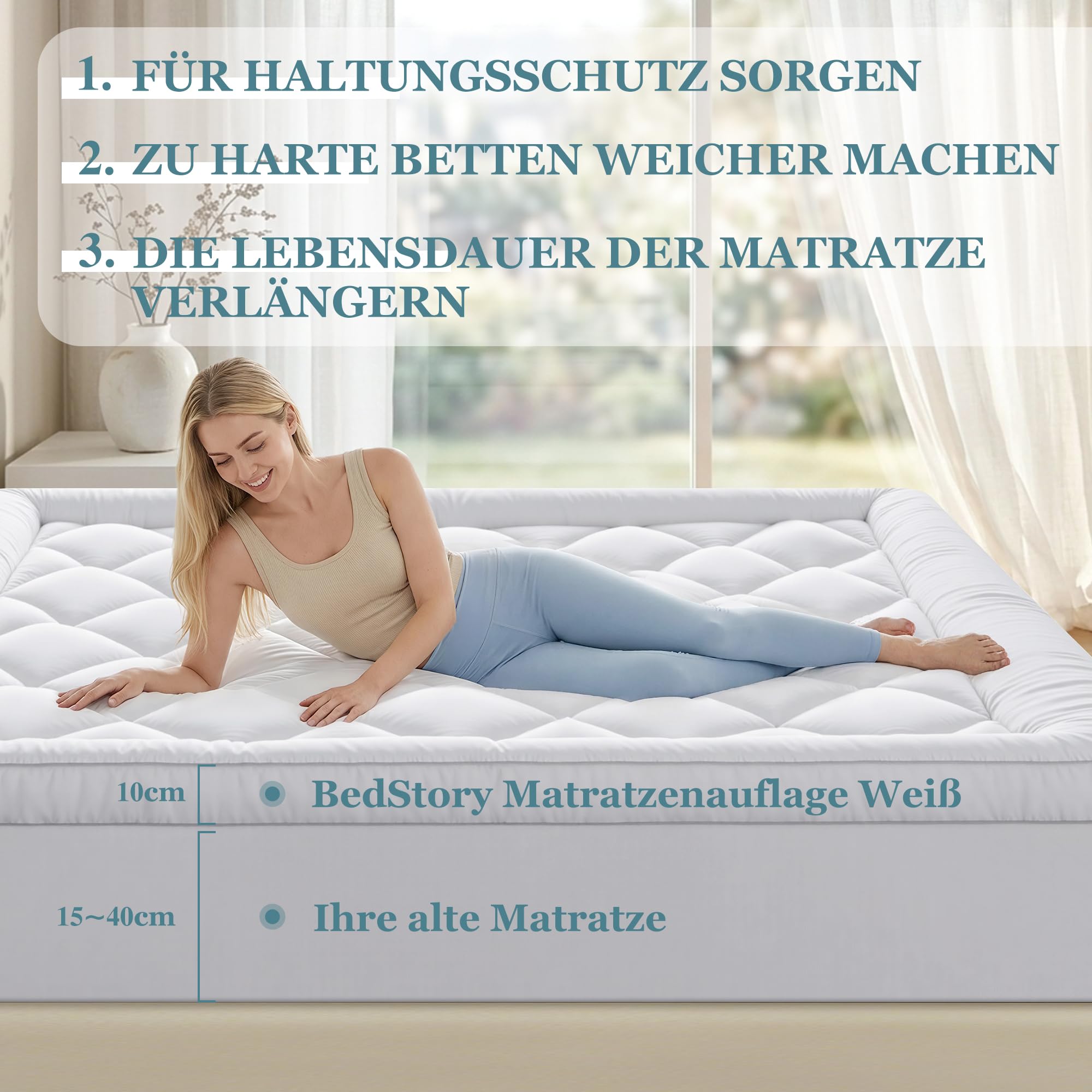 BedStory Matratzen Topper 140 x 200 cm Weiß, 1000gsm Ultraweich Matratzentopper mit tiefen Taschen, maschinenwaschbarer Matratzenschoner, geeignet für Matratzen mit Einer Dicke von bis zu 40 cm