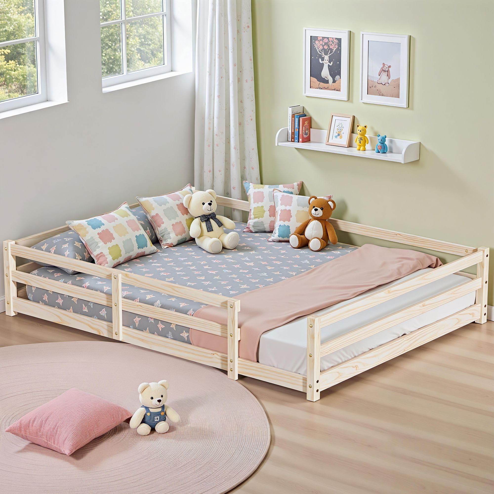 LLS Full Size Montessori Bed, Solid Wood Floor Bed Frame with Safety High Fence, Montessori Floor Bed with Rails for Boys Girls, Natural
