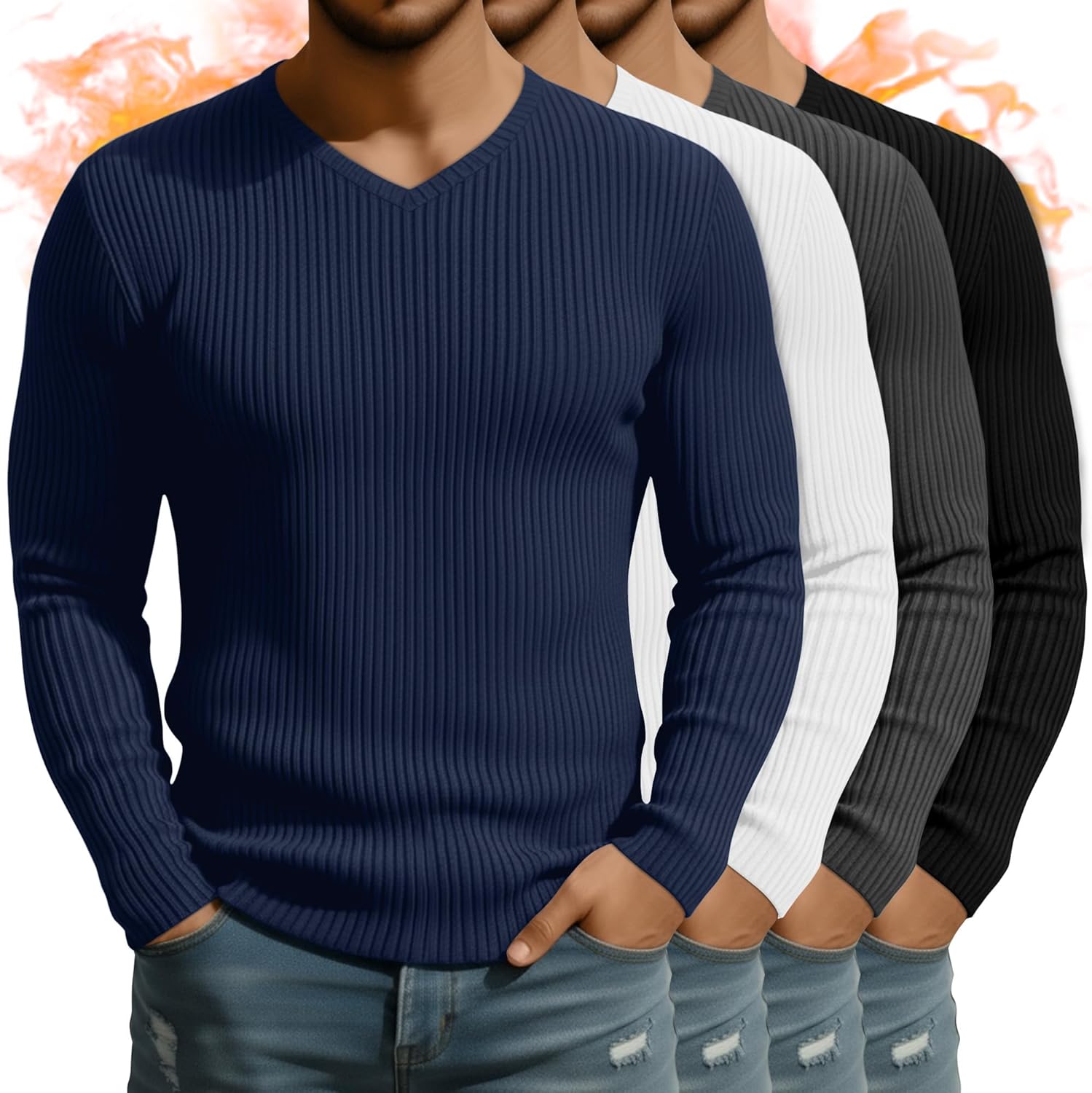 August Alley 4 Pack Men's Big and Tall Long Sleeve Thermal T-Shirt, Cotton Slim Fit V Neck Ribbed Underwear Base Layer Top