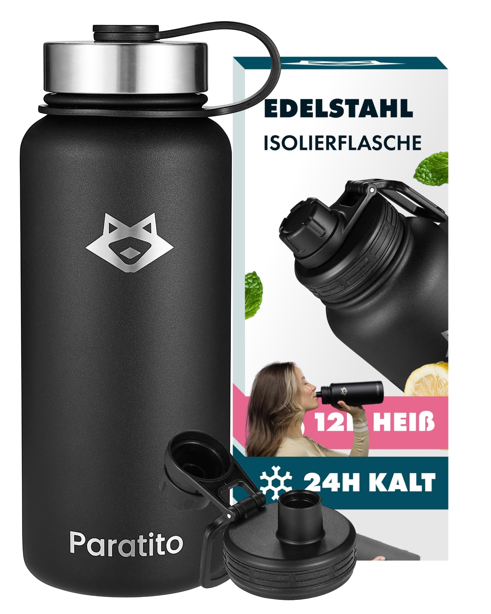 Thermo Trinkflasche 1L Edelstahl Schwarz mit Sportverschluss - Wasserflasche Metall isoliert für Sport und Wandern -Outdoor Thermoskanne weithals - spülmaschinenfest