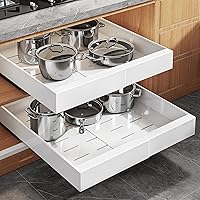 Seinloes 2-Pack Expandable Pull-Out Cabinet Organizers 21" Deep, Raising Pads for Framed Cabinets, 3-Slide Rails, Adjustable 12-20" White