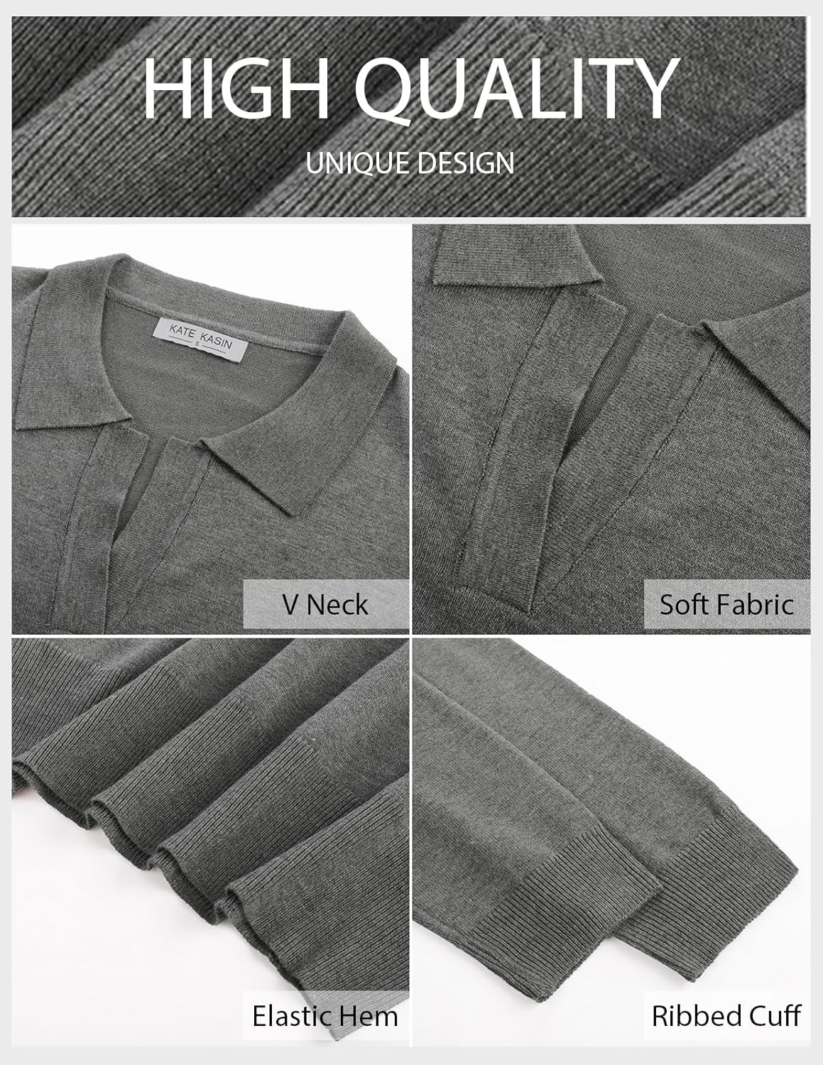 Kate Kasin Women Long Sleeve Polo Sweater V Neck Knitted Tops Casual Ribbed Shirt Loose Pullover Sweater - Image 4