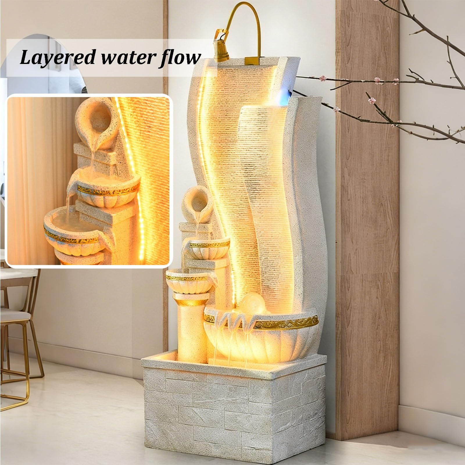 Fuente de agua para jardín al aire libre con luces LED, cascada moderna cascada de resina, decoración de lujo para patio y porche