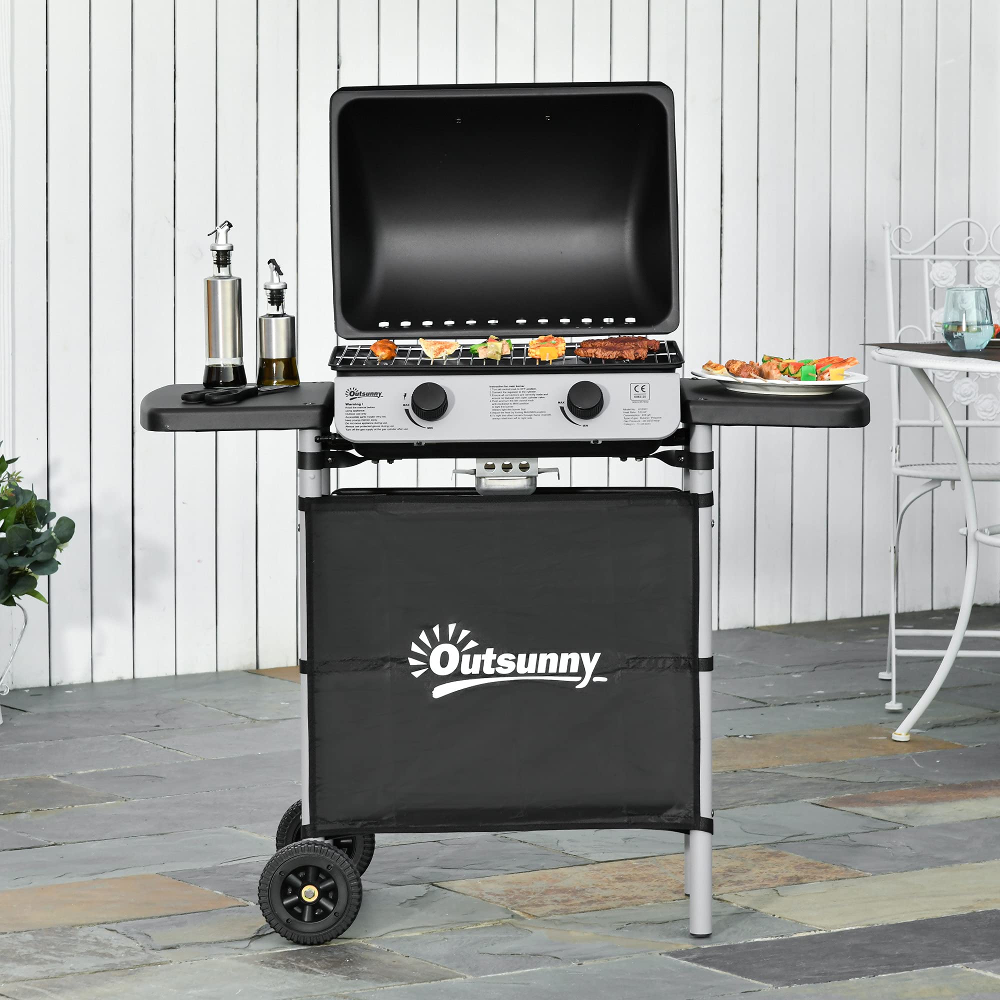 Outsunny Barbecue a Gas 5.6kW 2 Bruciatori, BBQ in Acciaio con Ruote e Mensole, 104x49x99cm Nero