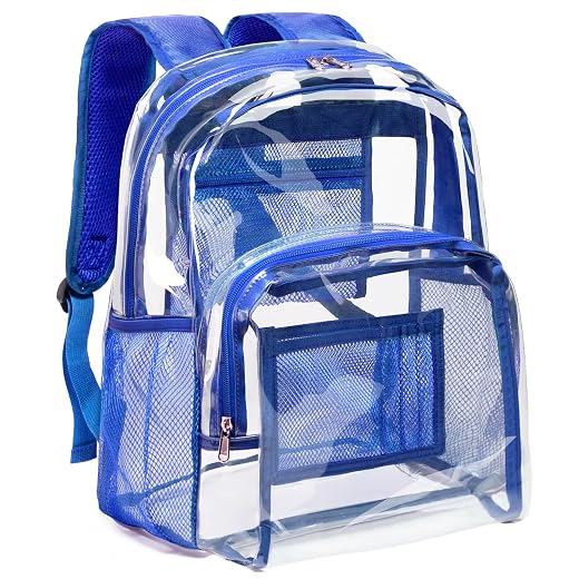Vorspack Clear Backpack Heavy Duty PVC Transparent Backpack with Reinforced Strap Stitches & Large Capacity for College Workplace Security -Blue