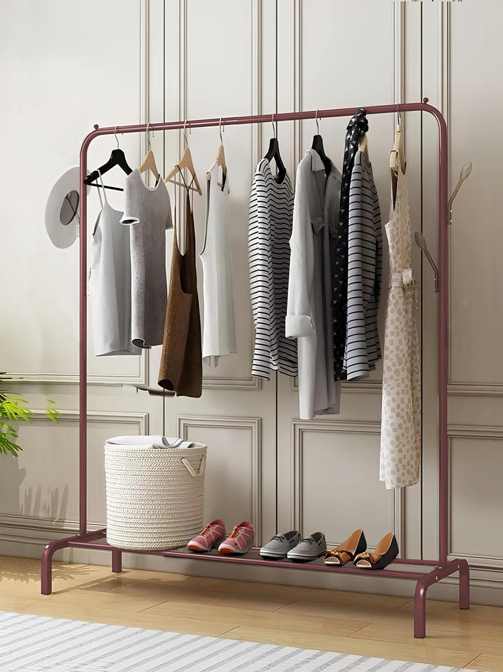 Lukzer Multifunctional Metal Garment Rack – Freestanding Clothes Stand with Bottom Storage Shelf | Coat Hanger & Clothing Organizer for Bedroom, Entryway & More (Rose Gold, 40 x 110 x 148 cm, MGS-001)