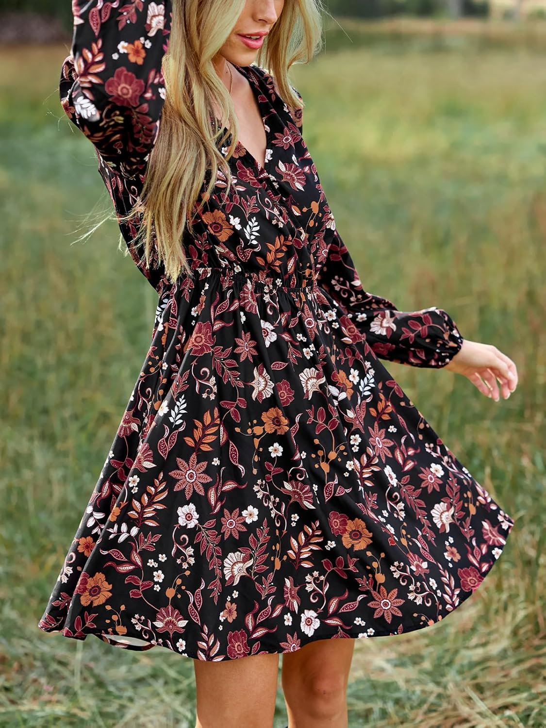 CUPSHE Women Floral Ruffle Summer Dress Surplice V Neck Long Peasant Sleeve Elastic Waist Flowy Casual Holiday Mini Dress - Image 3