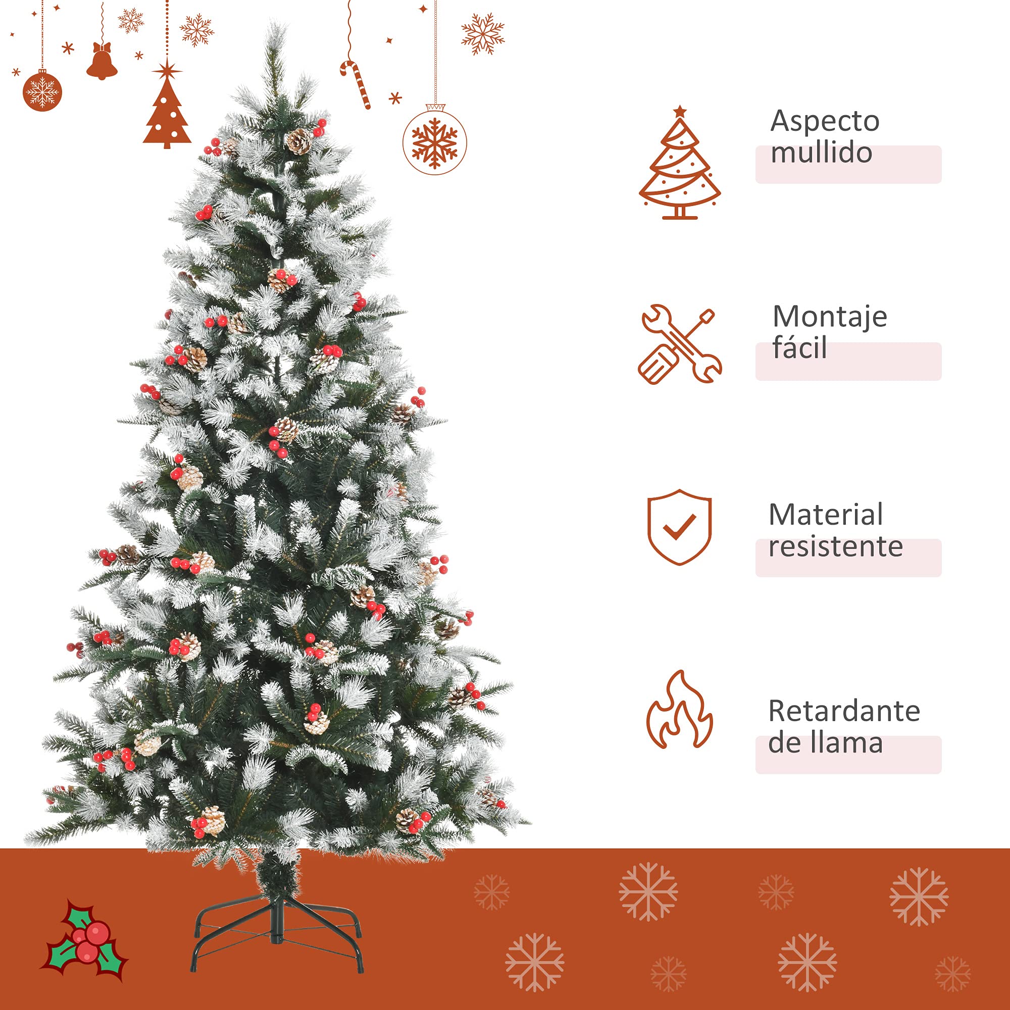 HOMCOM Árbol de Navidad Artificial 180 cm con 678 Ramas 53 Piñas Verde | 53 Bayas, Hojas de Plástico PE, Base de Soporte Plegable Metálica, Decoración Navideña para Interiores