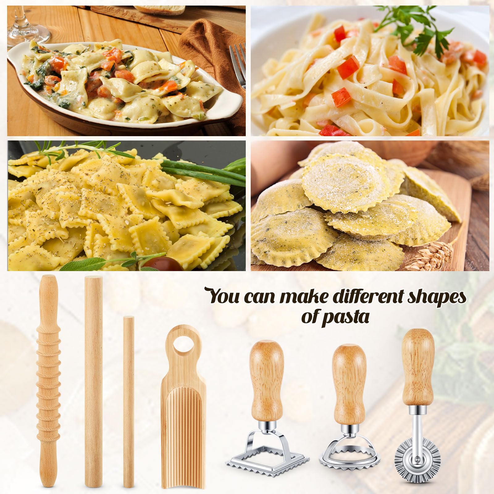 Tioncy Juego de 7 herramientas para hacer pasta, tablero de ñoquis de madera con sello de raviolis, máquina de raviolis y rodillo para hacer ñocos caseros, regalo de cocina para los amantes de la
