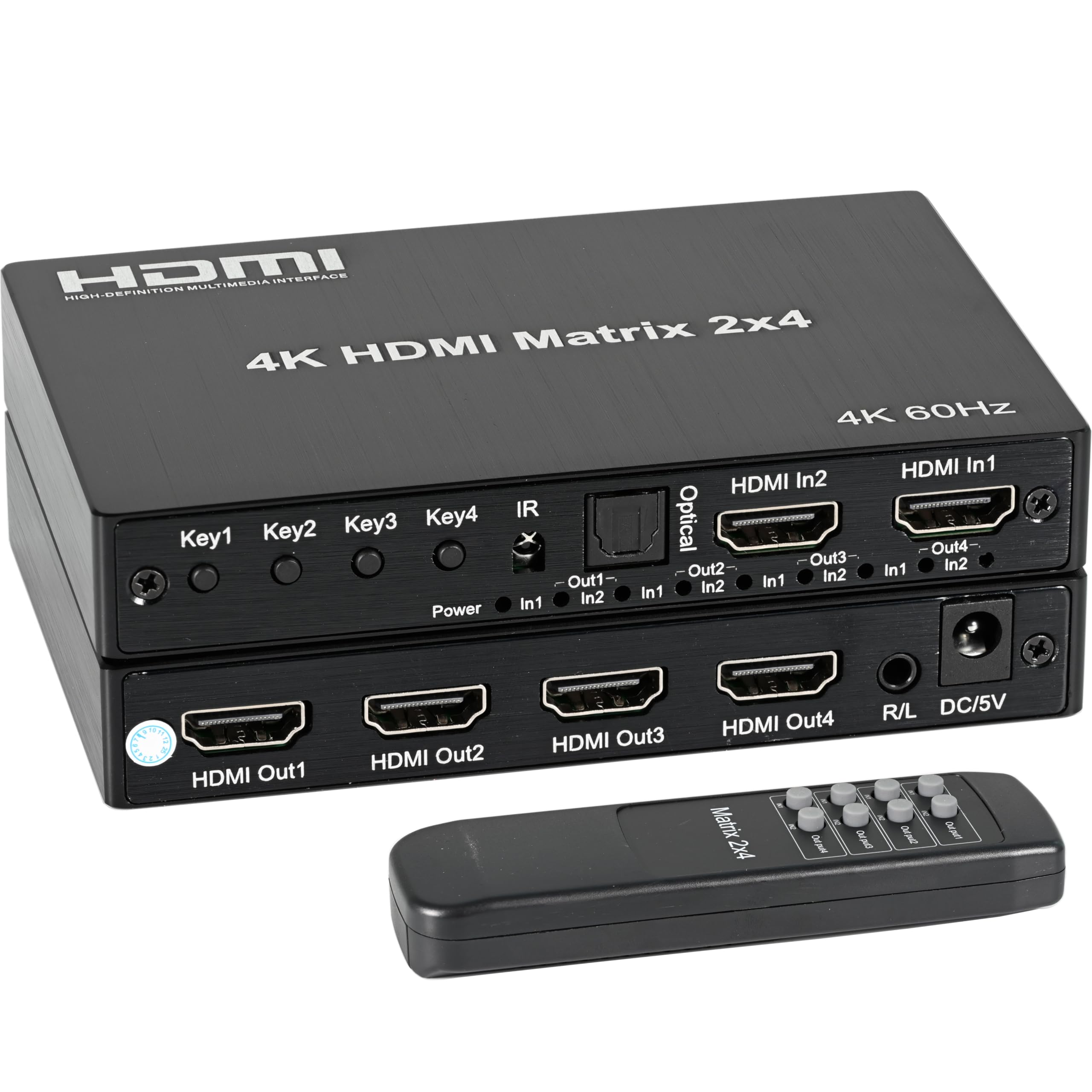 Interruptor de matriz HDMI 4K 2x4 con extractor de audio estéreo de 3,5 mm y salida óptica de audio, conmutador y divisor de video de 2 en 4 salidas, compatible con HDMI 2.0 4K a 60Hz