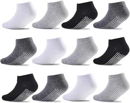 EPEIUS Calcetines de bebé de corte bajo antideslizantes para recién nacidos, niños y niñas, calcetines tobilleros con empuñaduras, 12 pares