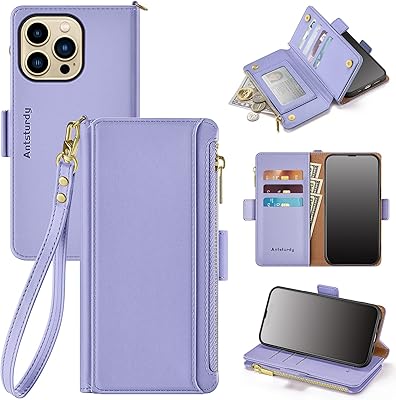 Antsturdy iPhone 13 Pro Max case Wallet with Card Holder for Women Men,ã€RFID Blockingã€‘ iPhone 13 Pro Max Phone case PU Leather Flip Shockproof Cover with Strap Zipper Credit Card Slots,Light Purple